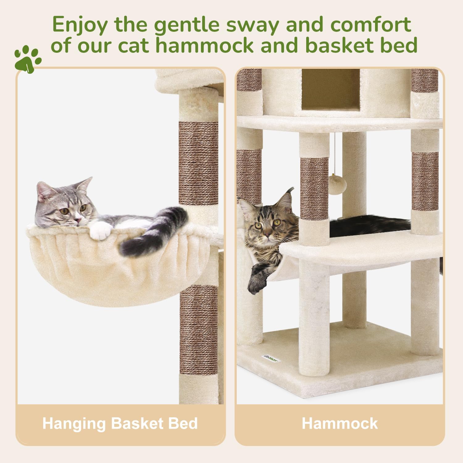 Globlazer Corner Cat Tree, 51in Curved Series Modern Cat Tower for Indoor Cats with Hammock, 7 Sisal Scratching Posts, Large Fan-Shaped Platform for Large Cats, Cat Condo & Hanging Basket, C51, Beige - Happypetzone.online - Image 5