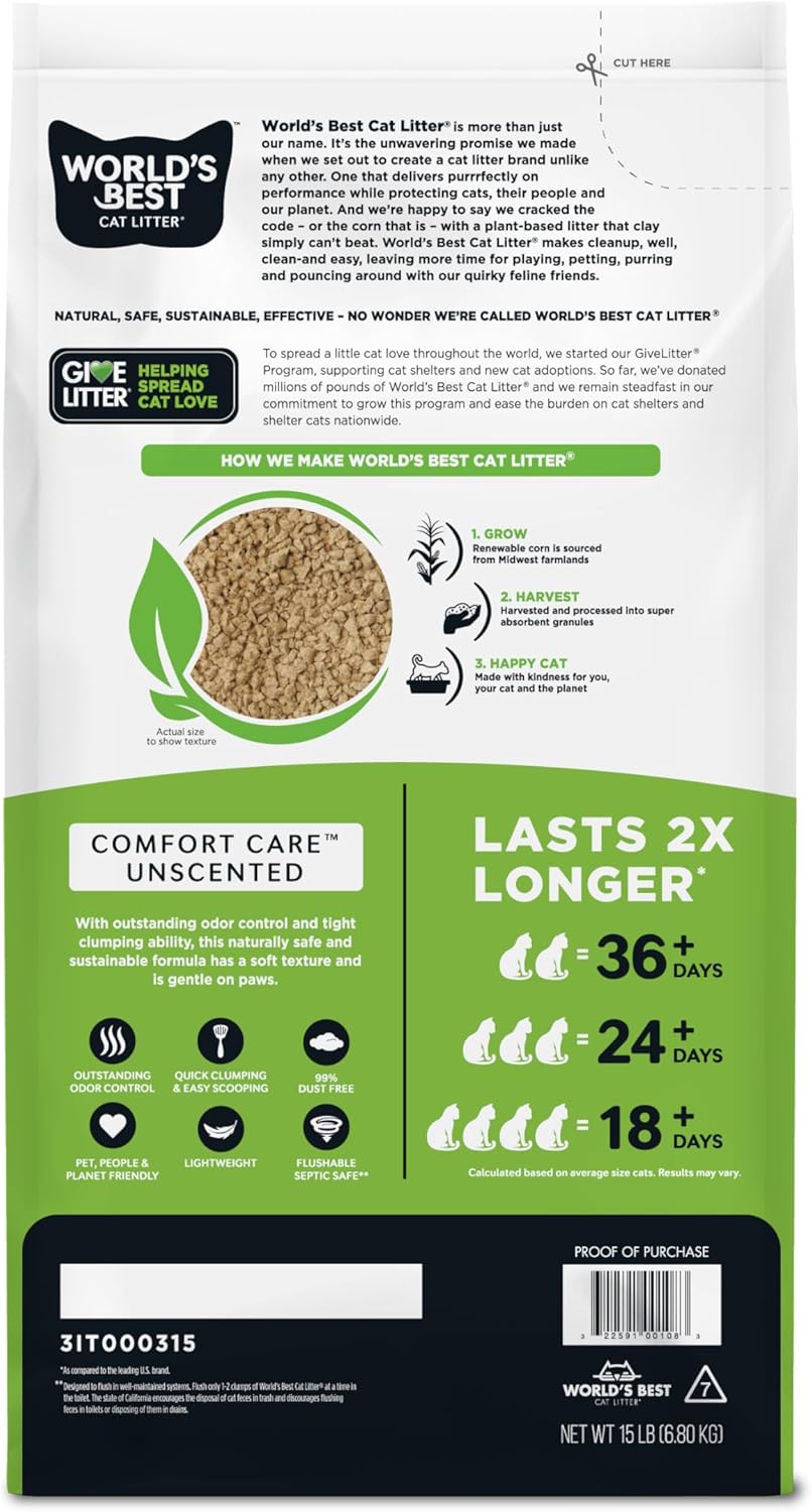 WORLD'S BEST CAT LITTER Comfort Care Unscented 15-Pounds - Natural Ingredients, Quick Clumping, Flushable, 99% Dust Free & Made in USA - Long-Lasting Odor Control & Easy Scooping - Happypetzone.online - Image 2