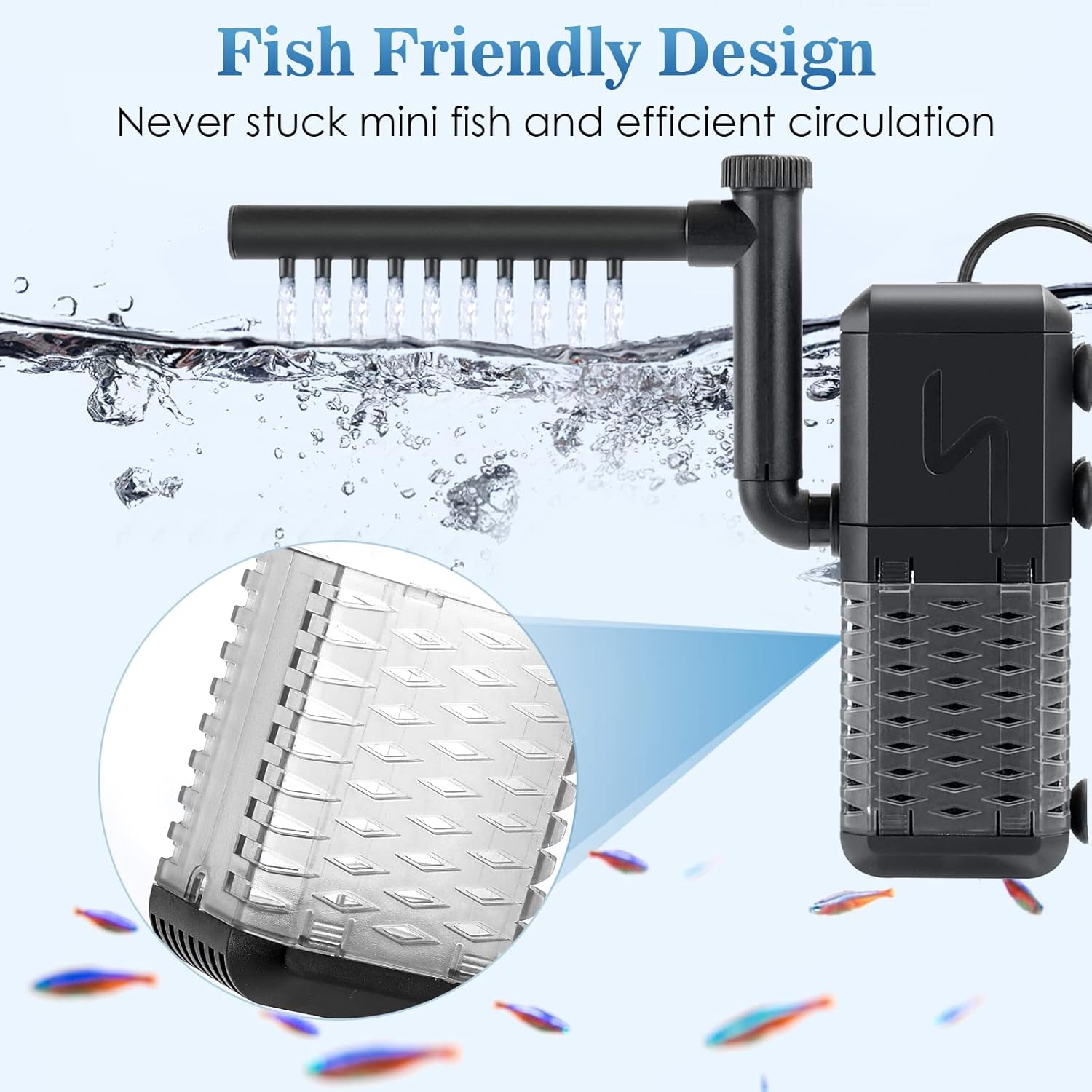 AQQA Aquarium Filter, Submersible Power Fish Tank Filter with Rainwater Aerator System Adjustable Water Flow Design, Ultra Silent Biochemical Sponge Filtration Up to Fish Tank 50 Gallon (6W-158GPH) - Happypetzone.online - Image 4