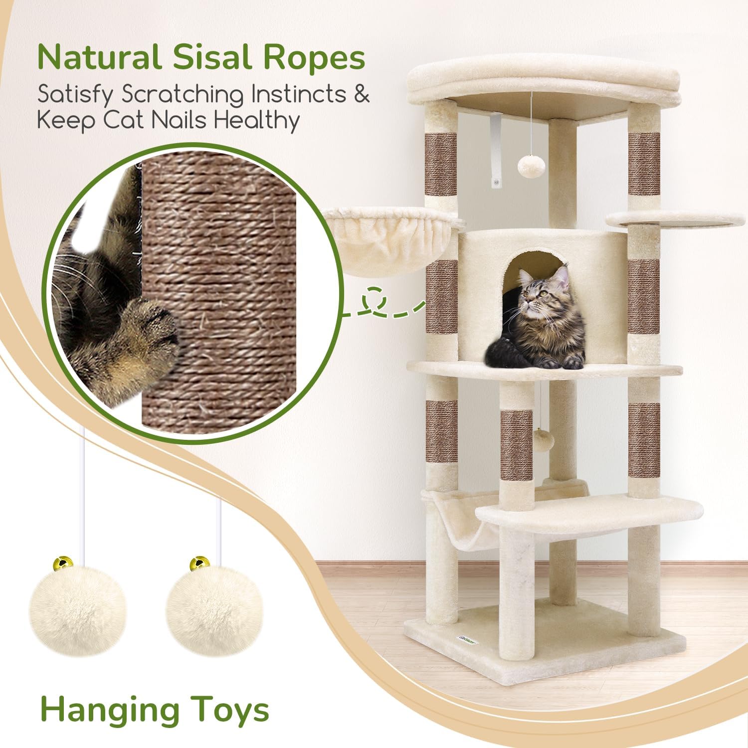 Globlazer Corner Cat Tree, 51in Curved Series Modern Cat Tower for Indoor Cats with Hammock, 7 Sisal Scratching Posts, Large Fan-Shaped Platform for Large Cats, Cat Condo & Hanging Basket, C51, Beige - Happypetzone.online - Image 6
