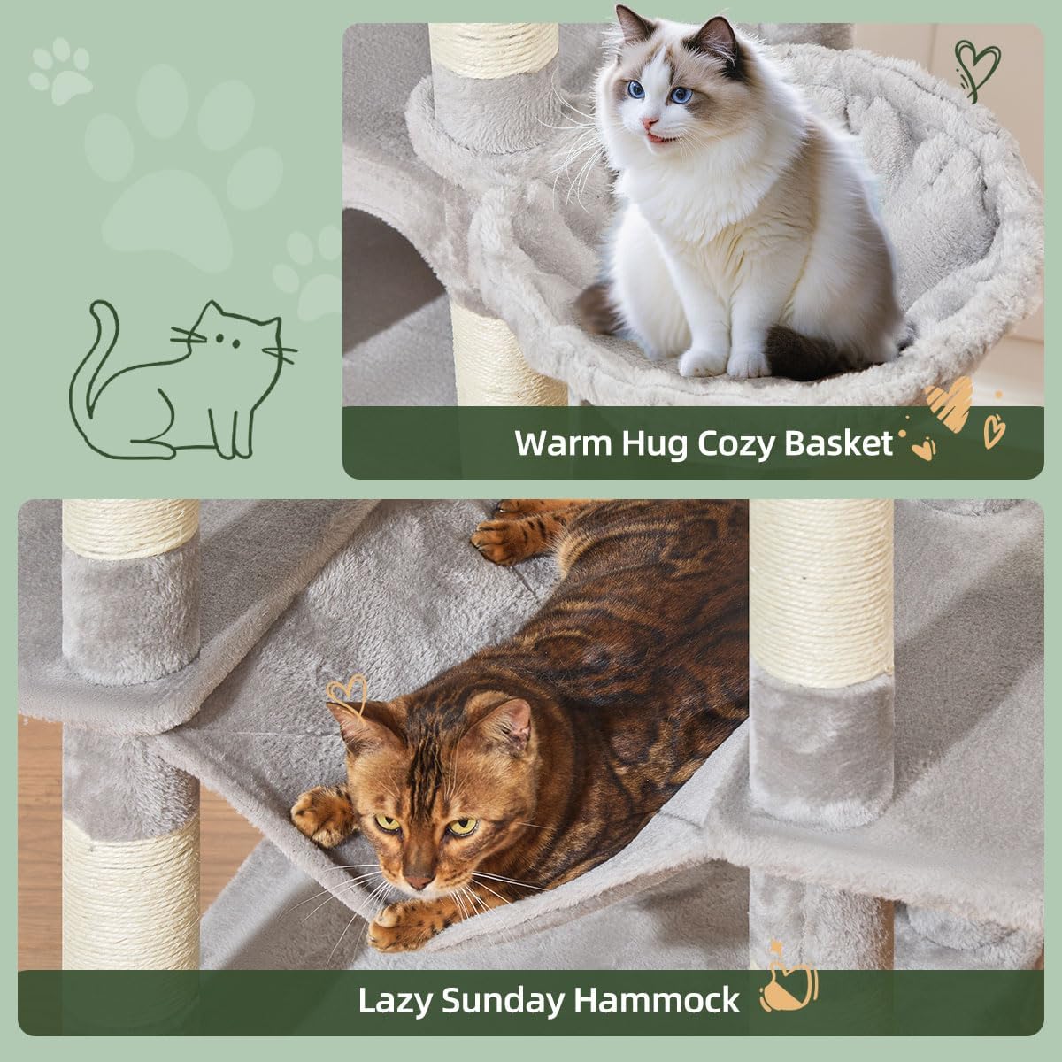 Taoqimiao 71 Inches Cat Tree for Large Cats 20lbs+, 3 Giant Perches, Multi-Level Cat Tree Tower, Widened Cat Condo with 9 Scratching Posts, Luxurious Hammcock & Basket, Light Gray, MS034W - Happypetzone.online - Image 6