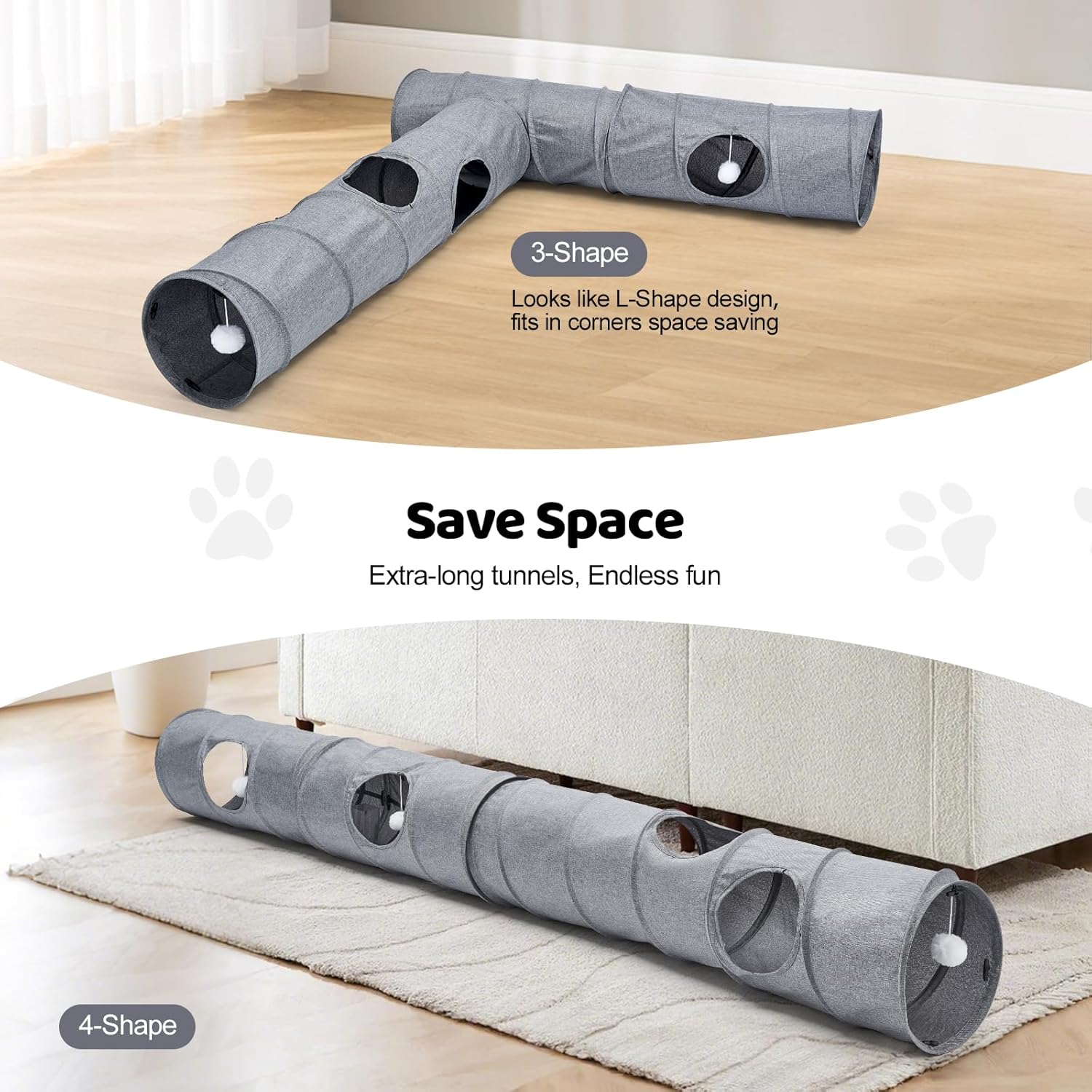 Cat Tunnel, 3 Straight Shaped Tunnels 6 DIY Shapes with Wand Toys, No Noise Scratch Resistant Cool Linen Fabric, Interactive Pet Tunnel Tube for Indoor Cats, Puppy and Rabbits - Happypetzone.online - Image 3