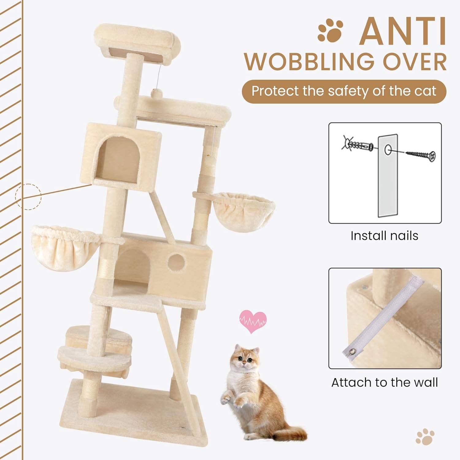 SHA CERLIN 65in Larger Cat Tree Tower Condo for Indoor Kitties/Multi-Level Furniture Activity Center with Wide Base/Cozy Plush Cat Perches/Baskets/Sisal Scratching Posts and Hammock/Beige - Happypetzone.online - Image 7