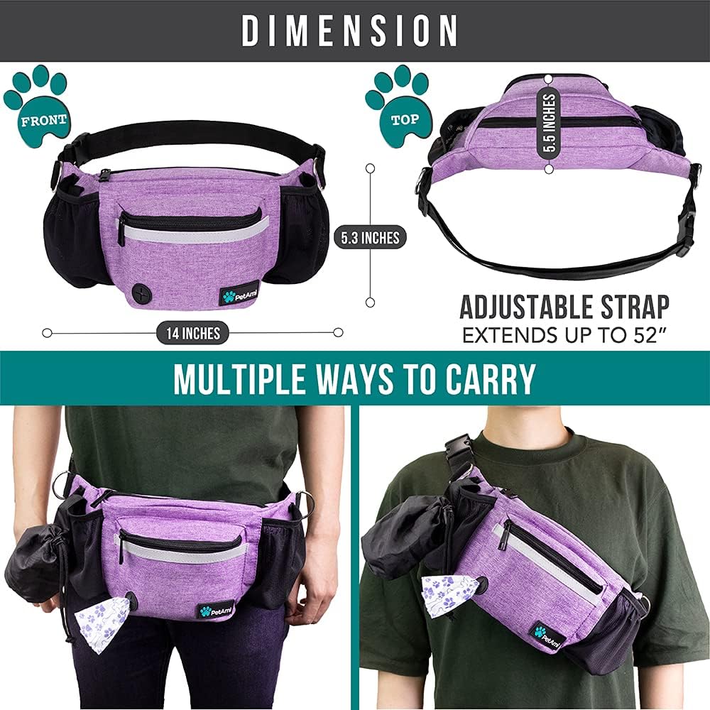 PetAmi Dog Fanny Pack, Treat Pouch for Dog Walking, Training, Built in Poop Bag Dispenser, Water Bottle Holder, Collapsible Bowl, Pet Treat Waist Belt for Hiking, Running, Kibbles (Purple) - Happypetzone.online - Image 5