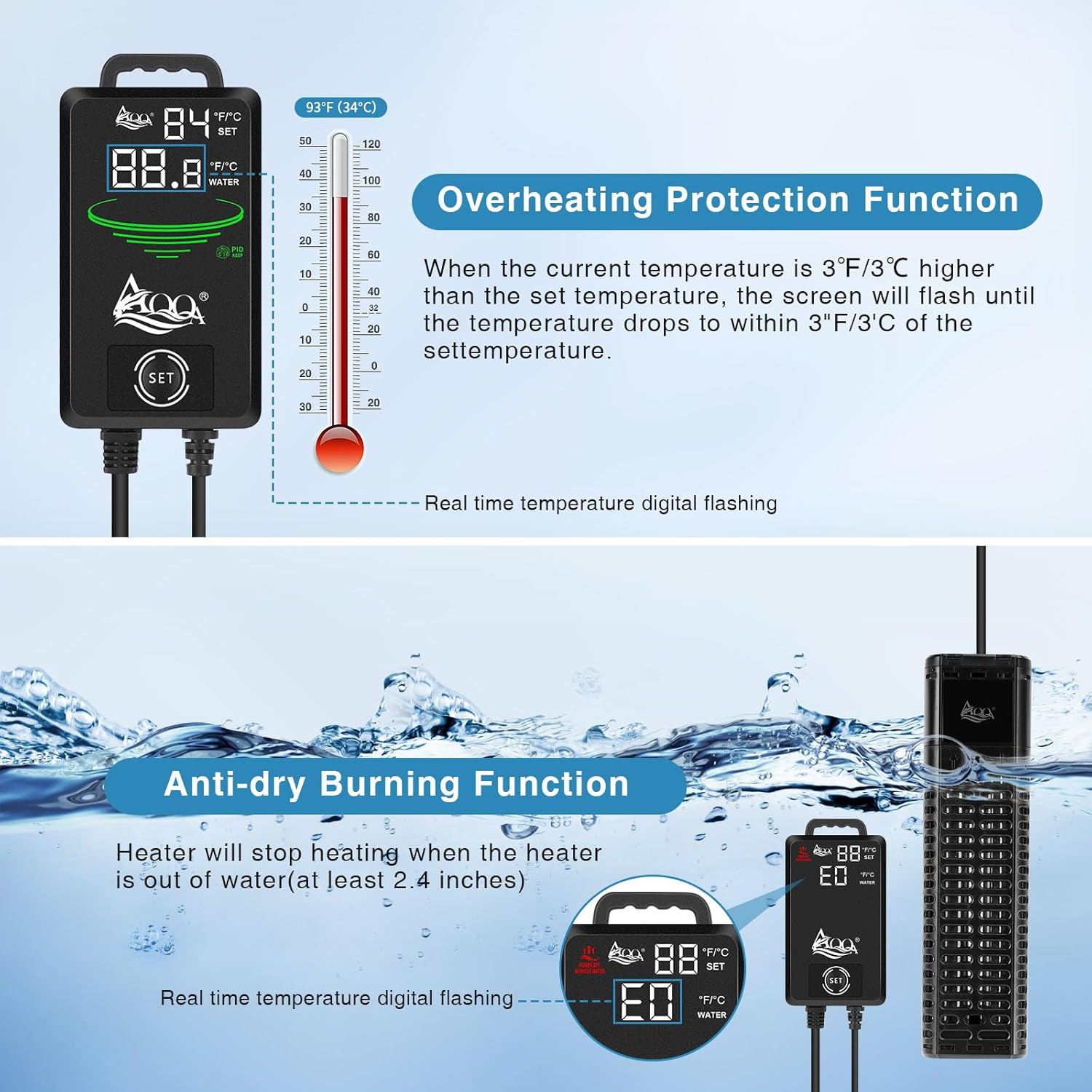 AQQA Aquarium Heater,300W 500W 800W 1000W 1200W Fish Tank Heater,59℉-93℉ Submersible Intelligence Aquarium Heater with Over-Temperature Dry Burning Protection 1000W to 135-235 Gallon - Happypetzone.online - Image 4