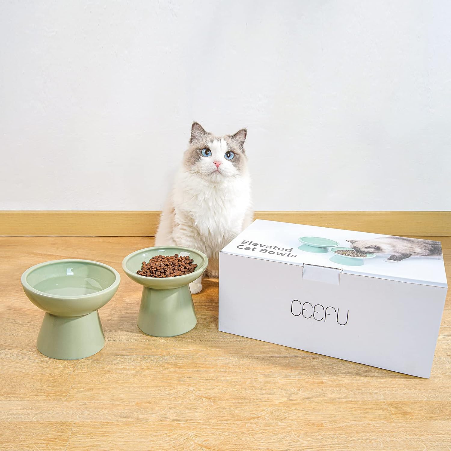 CEEFU 2 Elevated Ceramic Cat Bowls Extra Wide for Food & Water – Whisker Fatigue Shallow Food Dish, Lead & Cadmium-Free, Raised Height for Cats, Sage Green - Happypetzone.online - Image 8