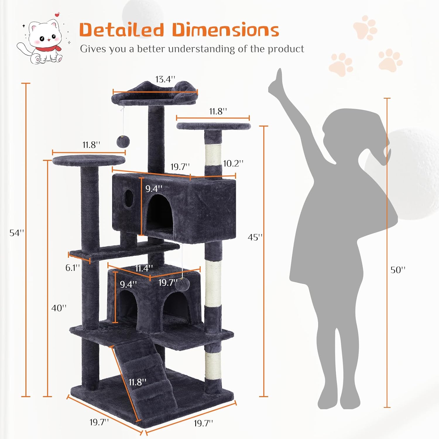 Sweetcrispy 54 Inch Cat Tree Tower, Multi-Level Tower with Cat Scratching Post, Indoor Cat Condo with Climbing Ladder, Plush Toy, Play House for Cat, Dark Grey - Happypetzone.online - Image 3