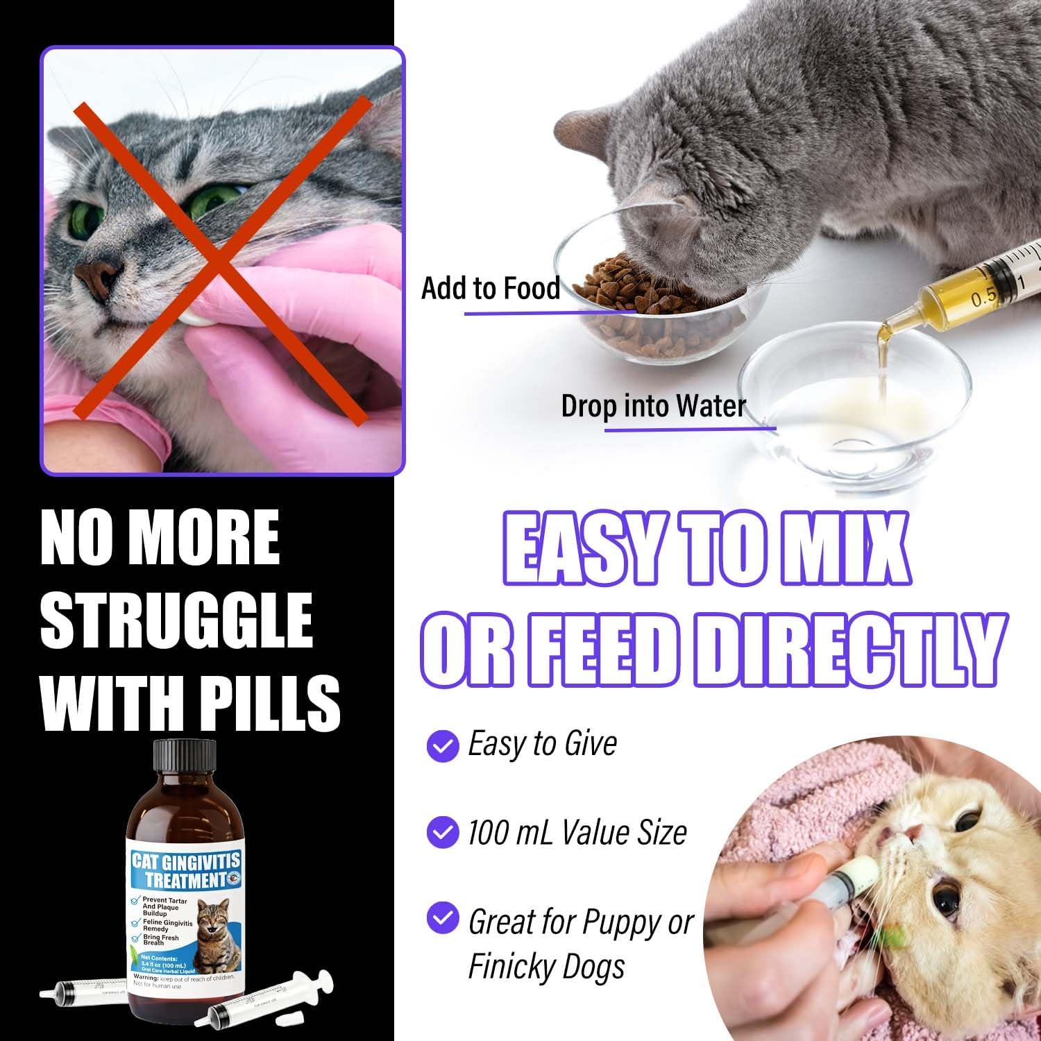 Cat Gingivitis Treatment Liquid 100ml - Cats Dental Care Clean Teeth & Gums, Eliminate Bad Breath, Natural Extracts Lessen Tartar & Plaque, Include 3 ml Dropper with Cap - Happypetzone.online - Image 2