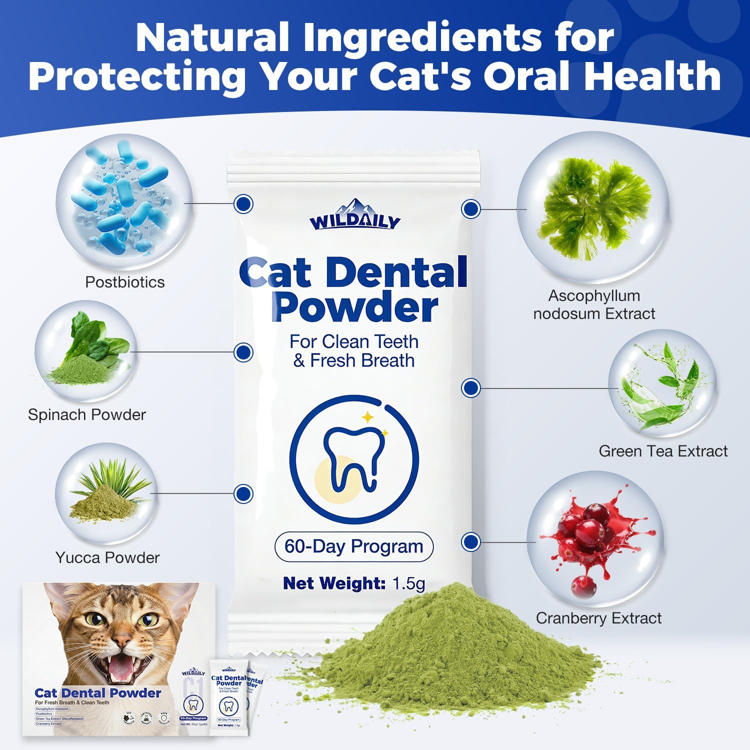 Cat Dental Powder - Freshens Breath, Removes Plaque & Tartar, Prevents Gum Disease - All-Natural Ingredients, No Artificial Additives(1.5g* 60 Pcs) - Happypetzone.online - Image 2