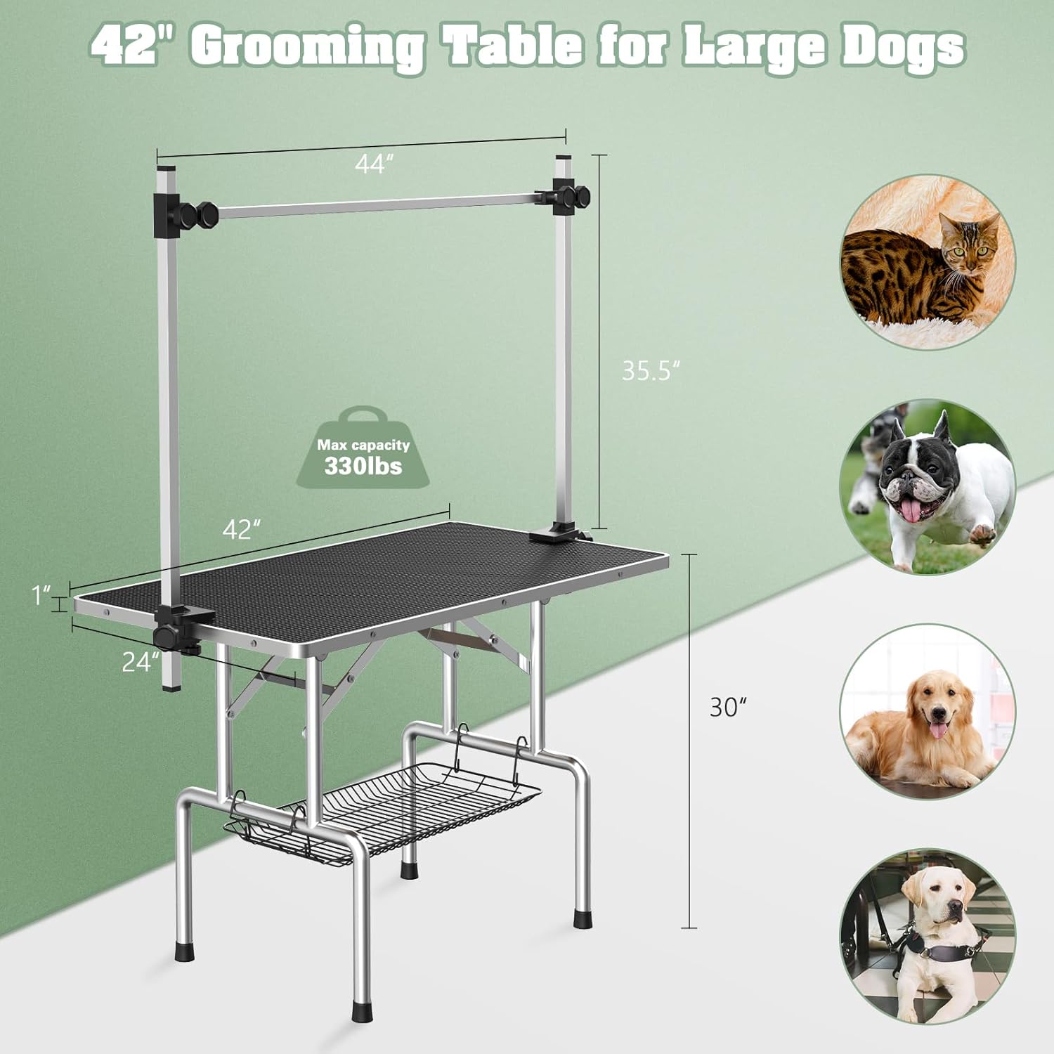 Dog Grooming Table, Adjustable Large Pet Drying Desktop, Foldable Bathing Desk with Arms, Noose, Mesh Tray, Maximum Capacity Up to 330Lb, 42in, Black - Happypetzone.online - Image 2