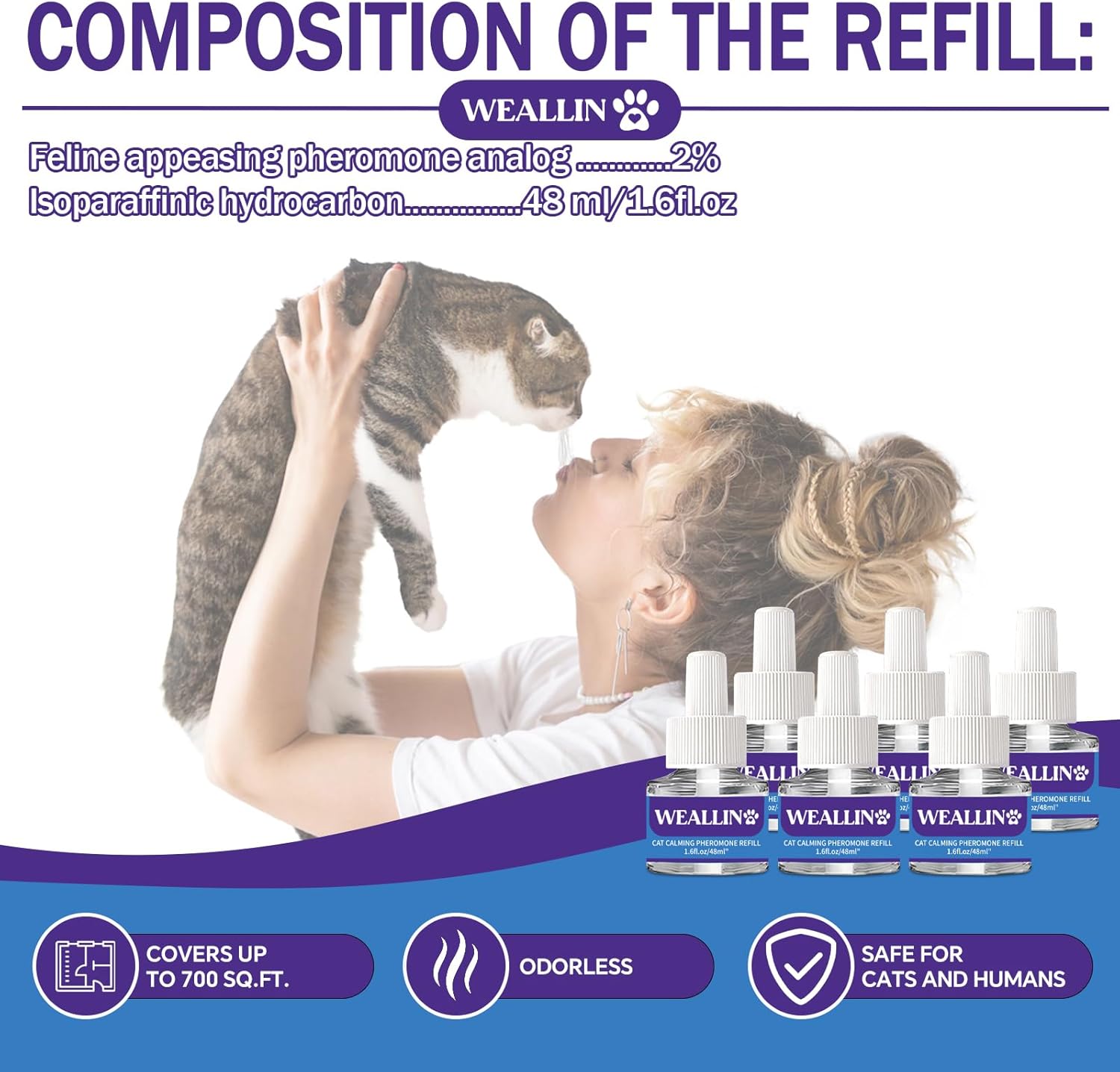 WEALLIN 6 Pack Cat Calming Diffuser Refills - Cat Pheromones Calming Diffuser Refill Relieve Anxiety & Stress 6 Month Supply, Cat Pheromone Diffuser Refills (Fits All Common Diffuser Heads) - Happypetzone.online - Image 5