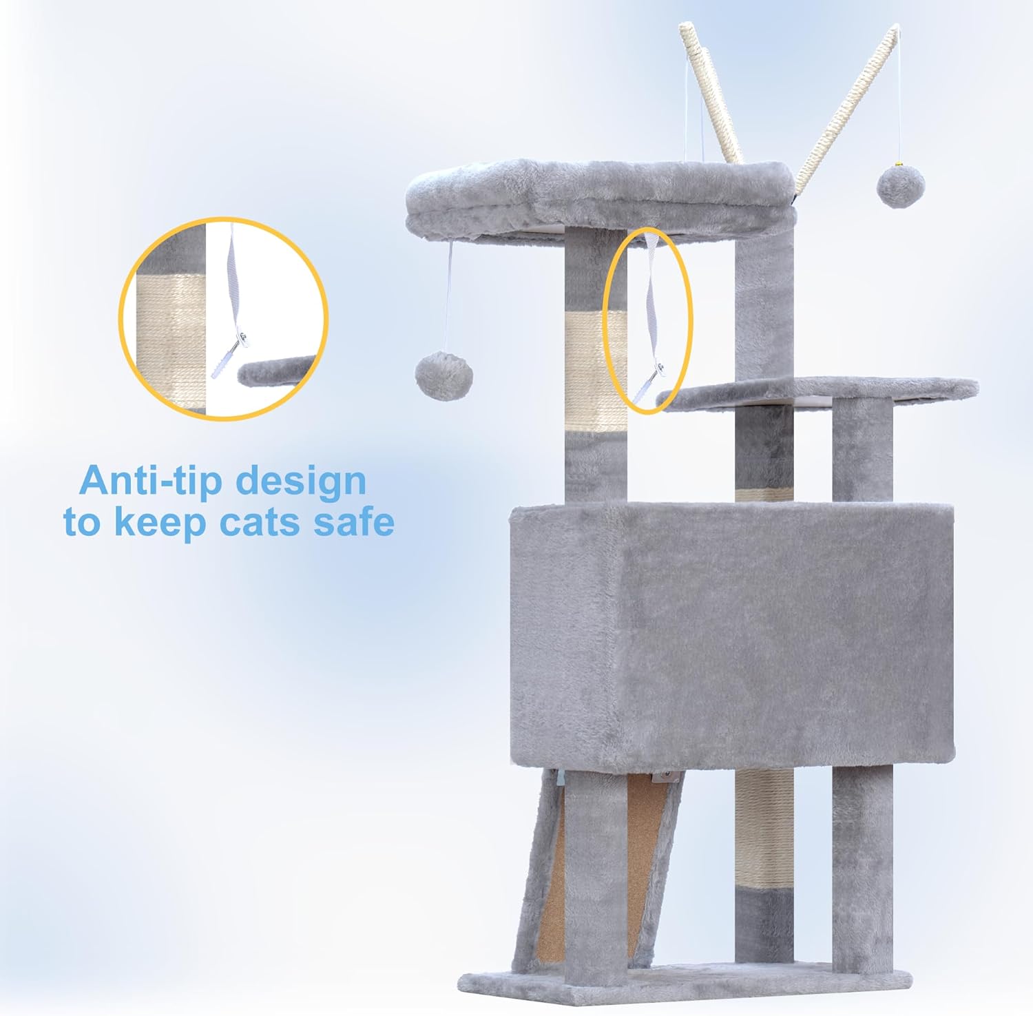 Hey-brother Cat Tree Tower, Scratching Posts with Removable Toys, Cozy Condo, Platform, Hammock, Sisal Scratch Board and Ball for Indoor Kittens, 41.3 Inches, Light Gray MPJ008SW - Happypetzone.online - Image 8