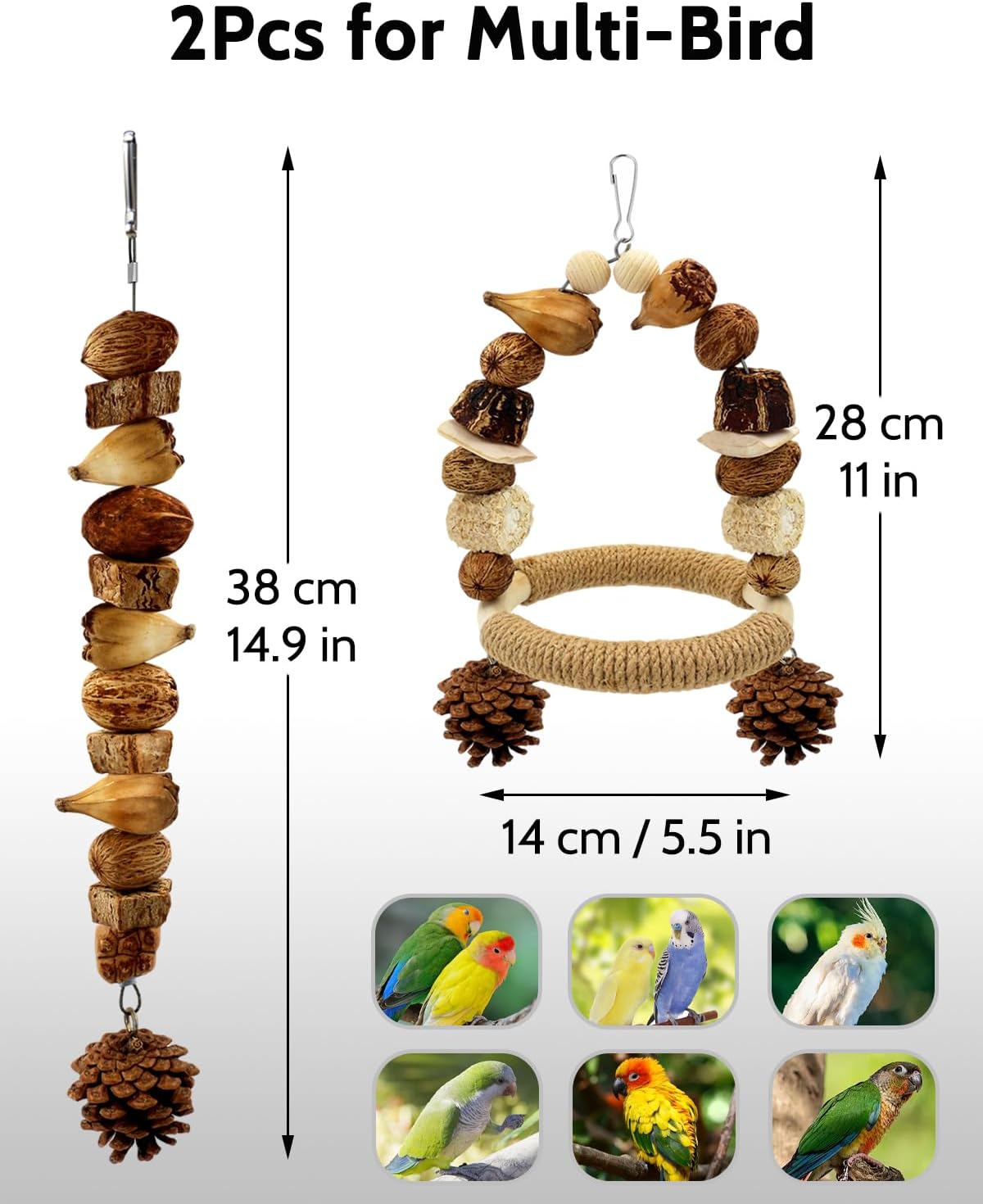 2Pcs Natural Bird Chew Toys, Wood Parakeet Swing Toys with Sisal Wrap for Claw Grinding, Hanging Safe Chew Toys for Parrot Beak Care, Multi-Play Design Cockatiel Toys for Budgie Conure Keeps Busy - Happypetzone.online - Image 6