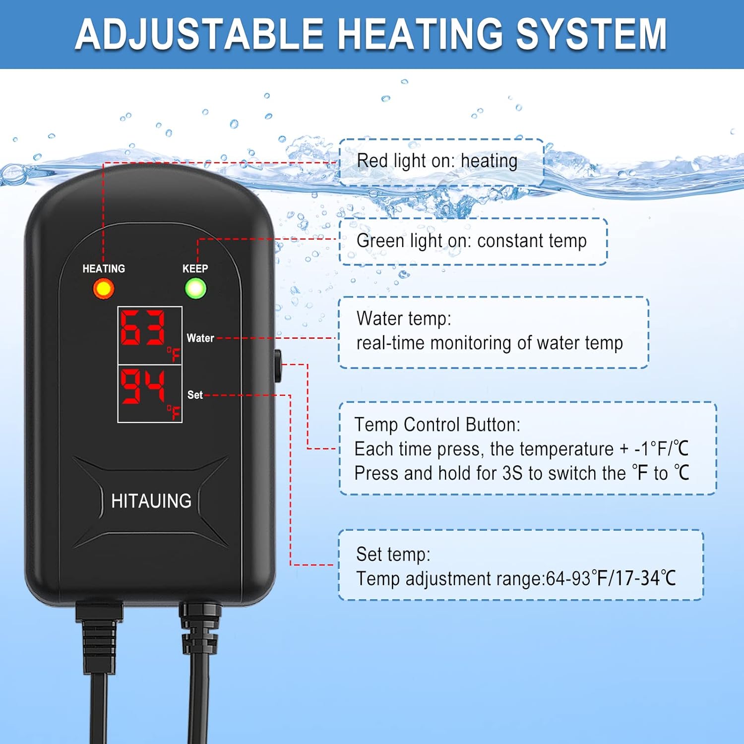 HiTauing Aquarium Heater, 300W Fish Tank Heater with LED Digital Display & 5 Safety Protection, Submersible Aquarium Heater with 2 Suction Cup and 8.2Ft Cord for 40-75 Gallon Fish Tank. - Happypetzone.online - Image 4