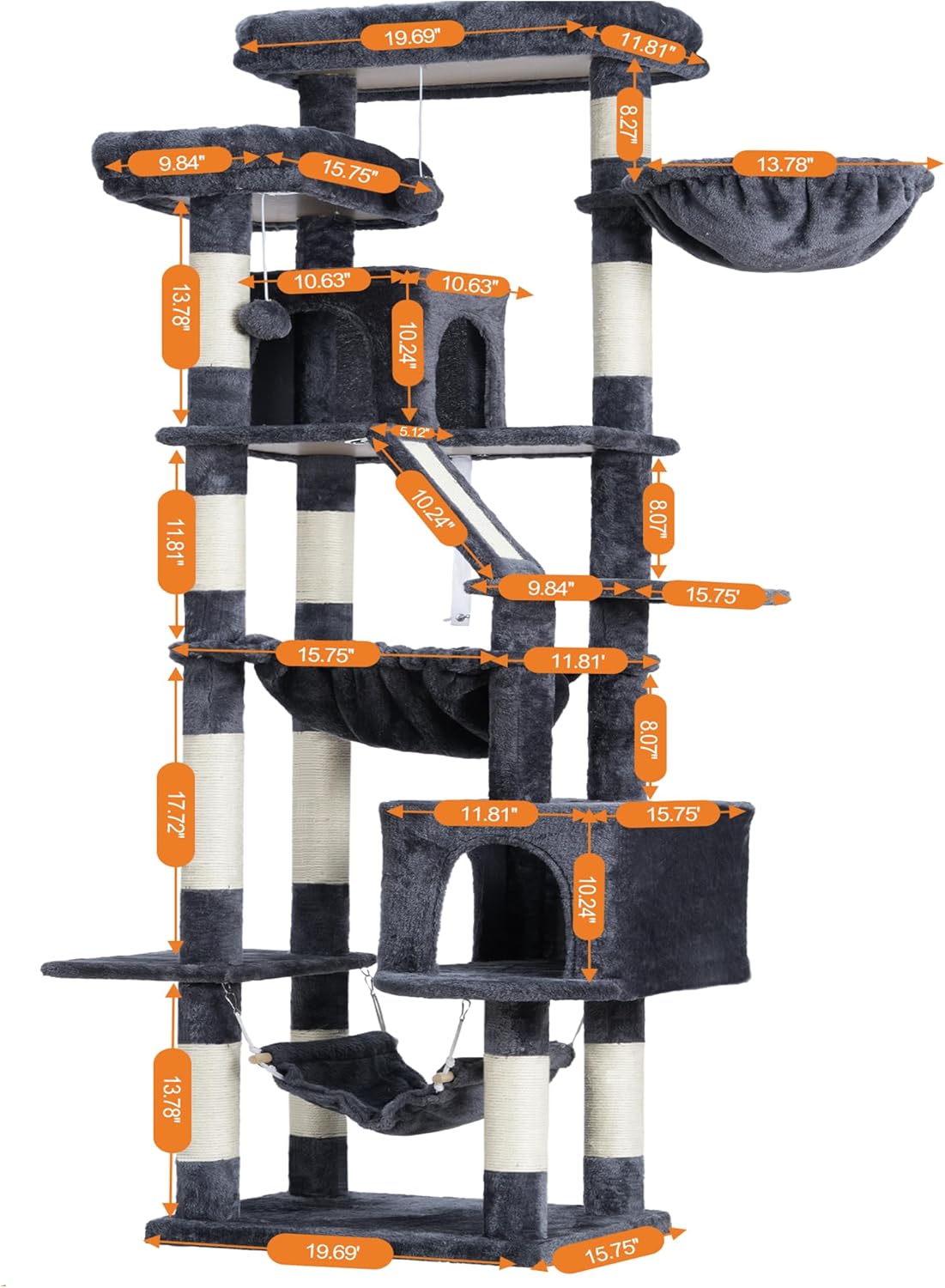 Heybly Cat Tree, 71-Inch-Tall Tower for Indoor Cats with 2 Perches, 2 Big Condos, 2 Hammocks, Basket, Scratching Pad, Large Cat Furniture and Condo, Smoky Gray HCT034G - Happypetzone.online - Image 2