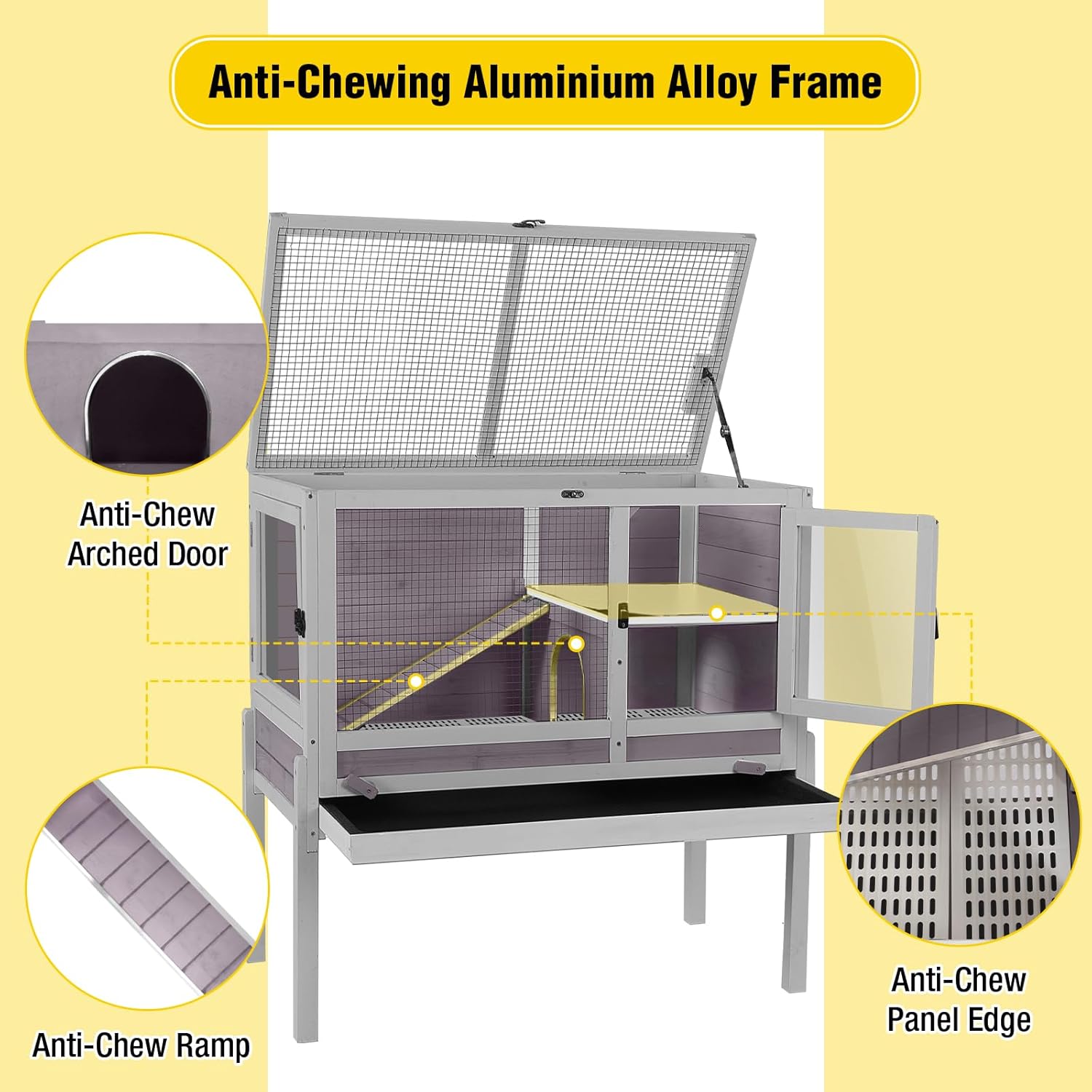 Aivituvin 2-Story Indoor Rabbit Hutch Guinea Pig Cage with Stand, Wooden Bunny Cage Small Animal Cages with Chew-Proof Ramp, Pull-Out Tray & Leakproof PVC Layer (Grey) - Happypetzone.online - Image 2