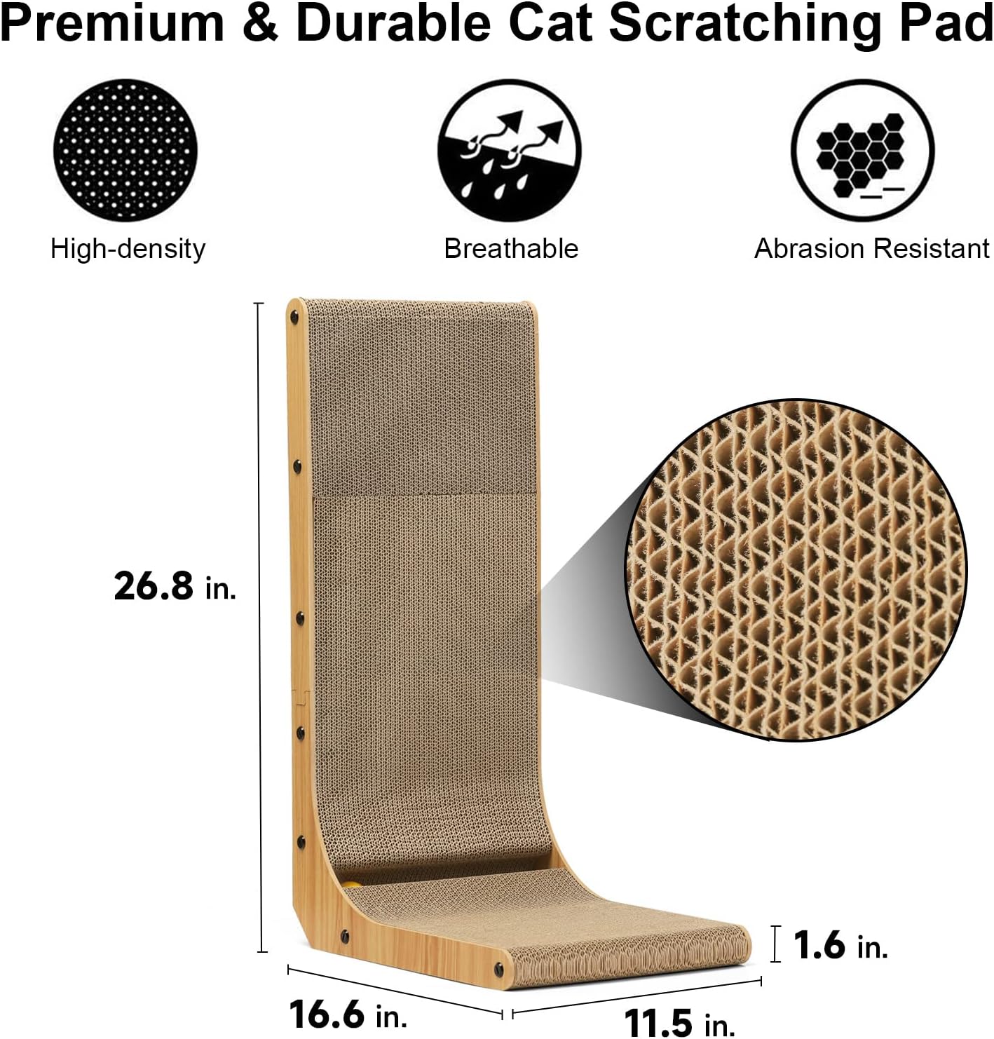FUKUMARU Cat Scratcher, 26.8 Inch L Shape Cat Scratch Pad Wall Mounted, Cat Scratching Cardboard with Ball Toy for Indoor Cats, Large Size - Happypetzone.online - Image 3
