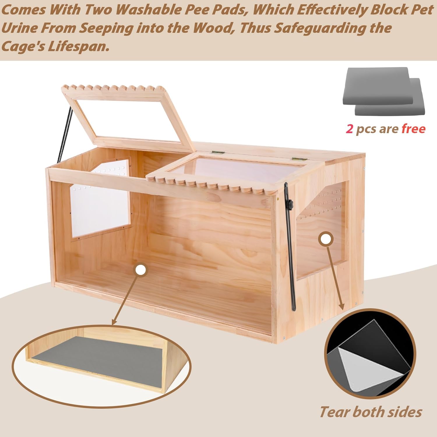 Wooden Hamster Cage,32"x16"Large Hamster Cage,2 Washable Liners & 2 Adjustable Ventilation Window. Small Animal Cage for Dwarf Syrian Hamsters Degus Mice & Other Small Pets. - Happypetzone.online - Image 5
