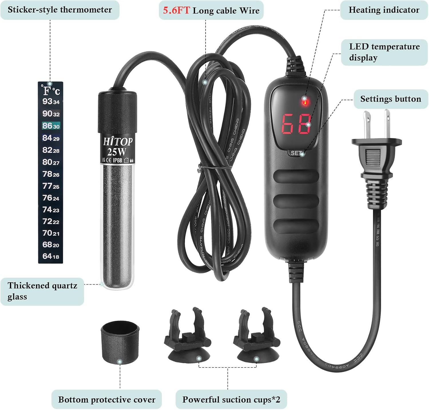 HITOP Mini Submersible Aquarium Heater -50W Digital Heater for Fish Tank Turtle Tank, for Saltwater and Fresh Water with Temperature Controller - Happypetzone.online - Image 2
