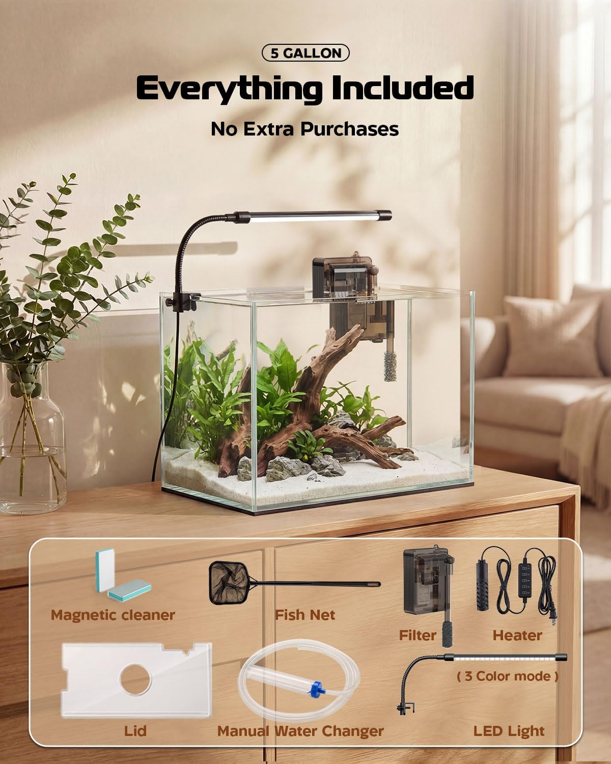 Glass Fish Tank Kit, 5 Gallon Betta Fish Tank Aquarium Starter Kit with Filter, Lights, Lid, for Betta, Goldfish, Small Fish or shrimg,Clear - Happypetzone.online - Image 2