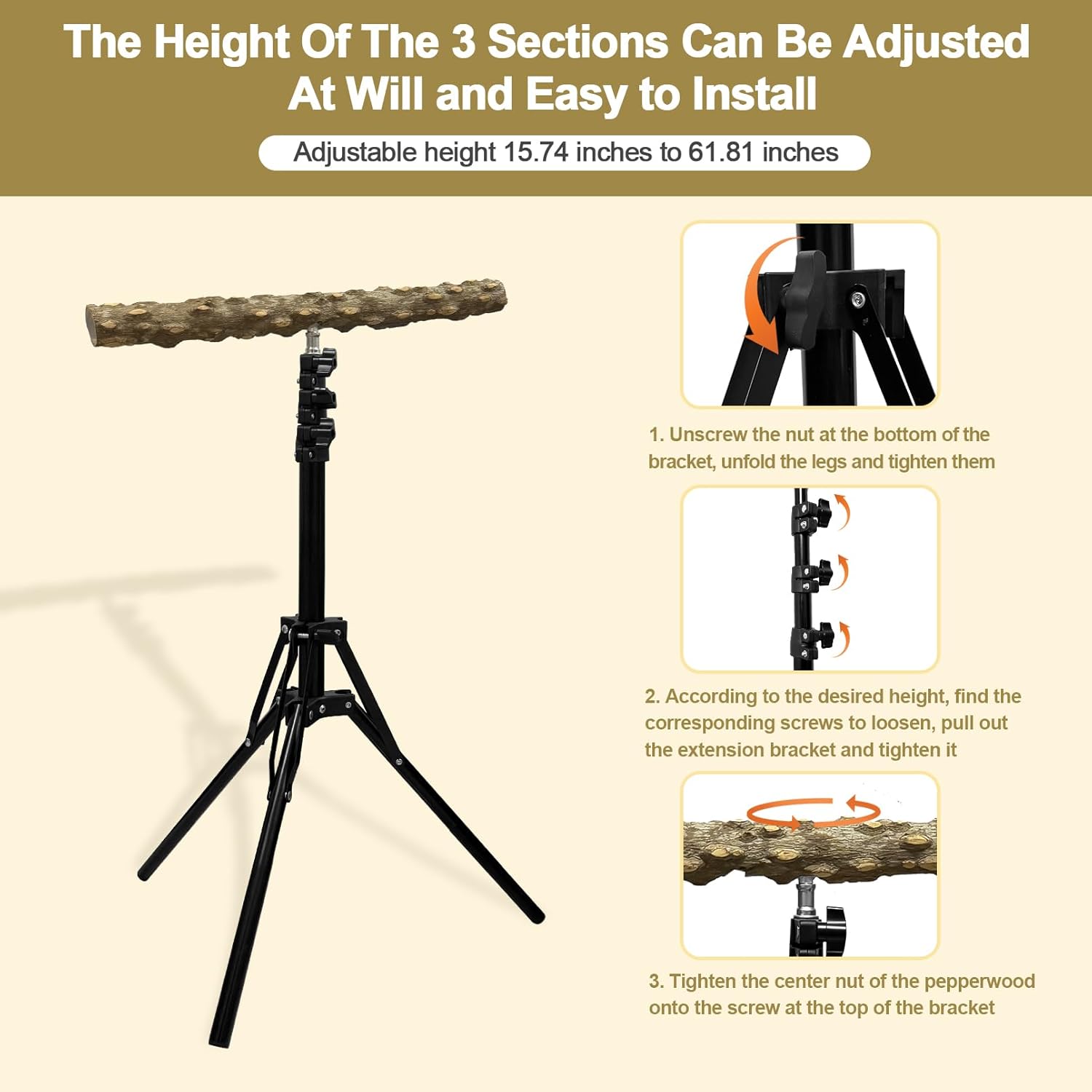 16-63 Inch Height Adjustable Bird Perch Pepper Wood Bird Training Perch Stand Parakeet Perches Indoor and Outdoor Parrot Stands for Small to Medium Bird - Happypetzone.online - Image 4