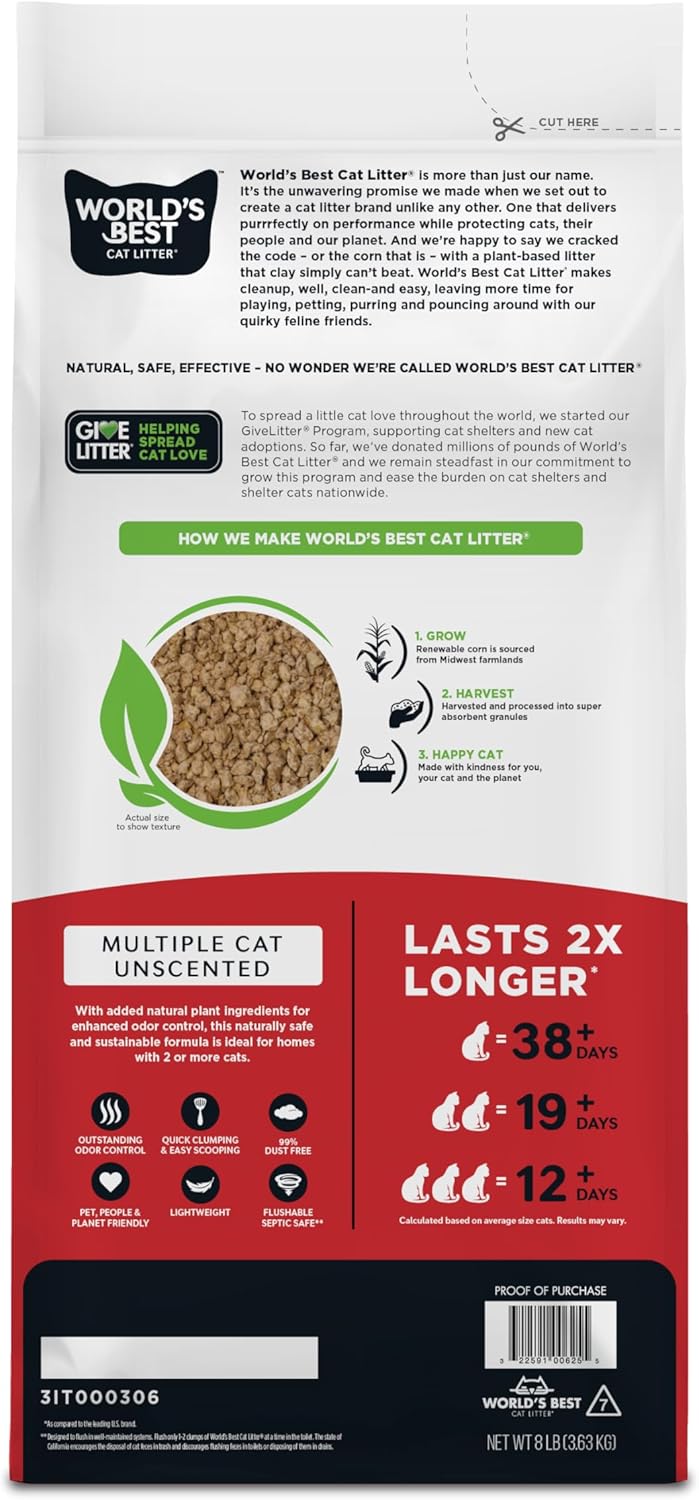 WORLD'S BEST CAT LITTER Multiple Cat Unscented, 8-Pounds - Natural Ingredients, Quick Clumping, Flushable, 99% Dust Free & Made in USA - Long-Lasting Odor Control & Easy Scooping - Happypetzone.online - Image 2