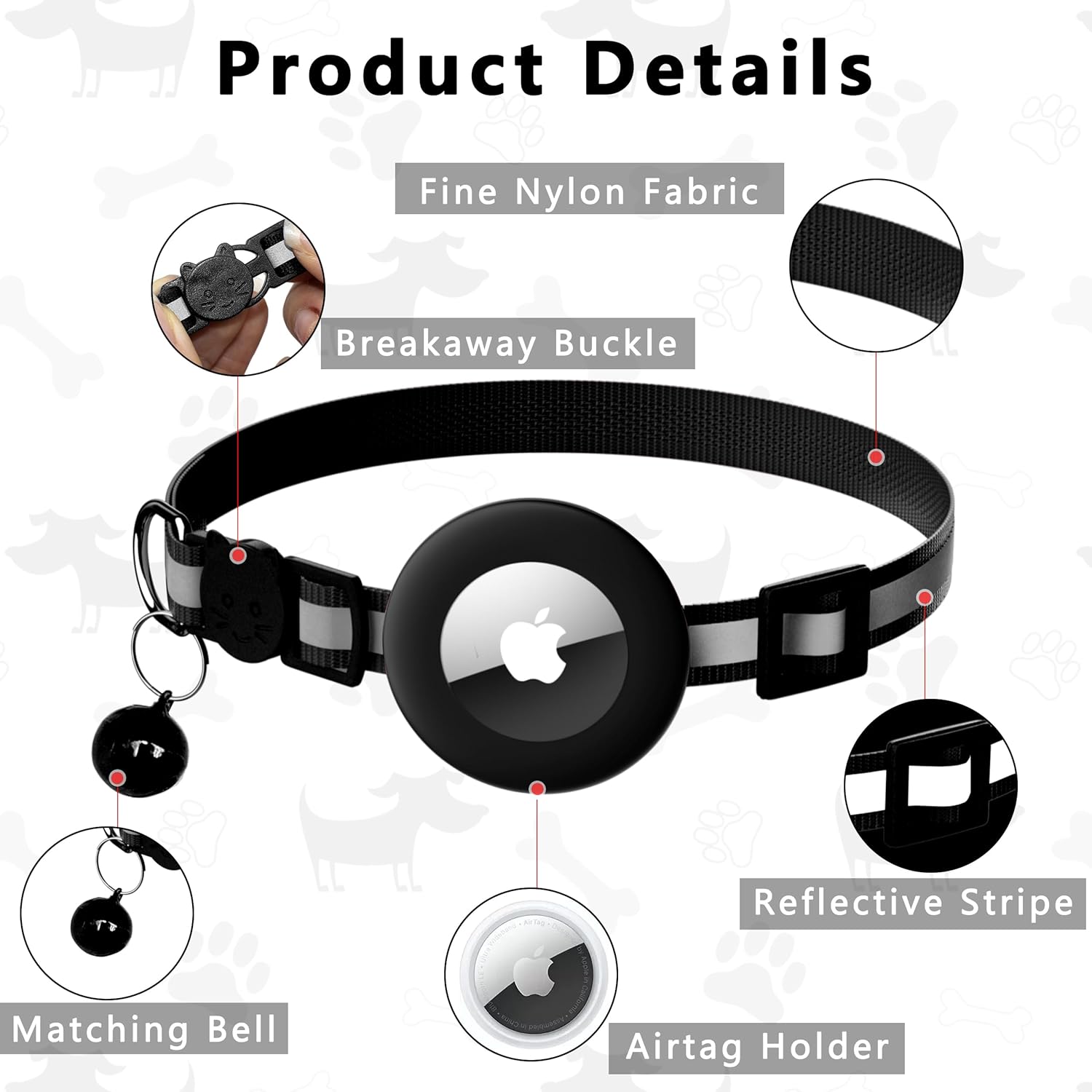 Seyezo Airtag Cat Collar Breakaway, Reflective Kitten Collar with Air Tag Holder, Lightweight Airtag Cat Collar with Bell for Boys Girls, GPS Tracker 0.4’’ Width Adjustable with Safety Buckle, Black - Happypetzone.online - Image 3