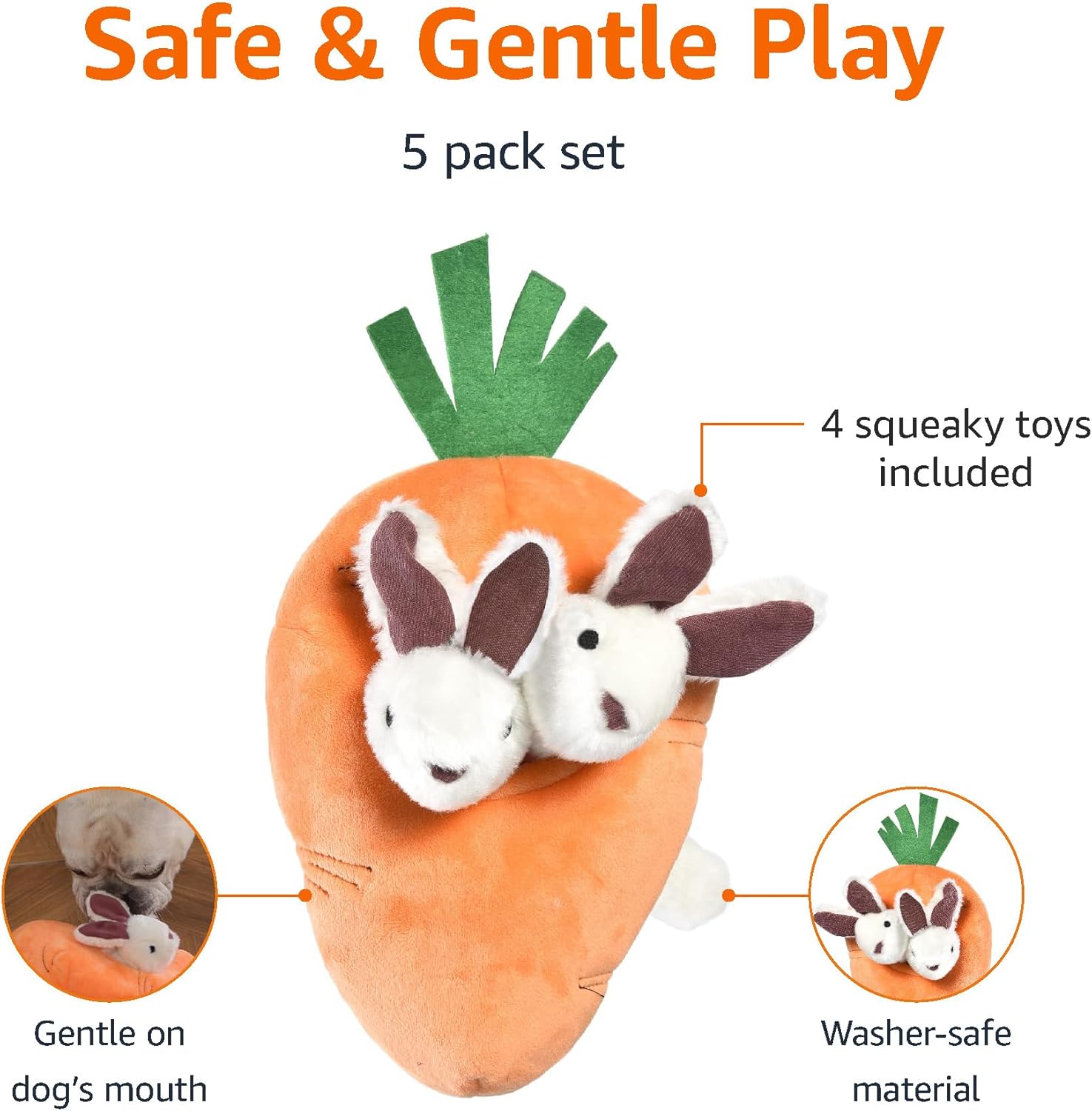 Amazon Basics Interactive Hide and Seek Squeaky Dog Plush Toy with Squeaker for Small Dogs, Rabbit and Carrot, Orange and White, 5-Pack - Happypetzone.online - Image 2