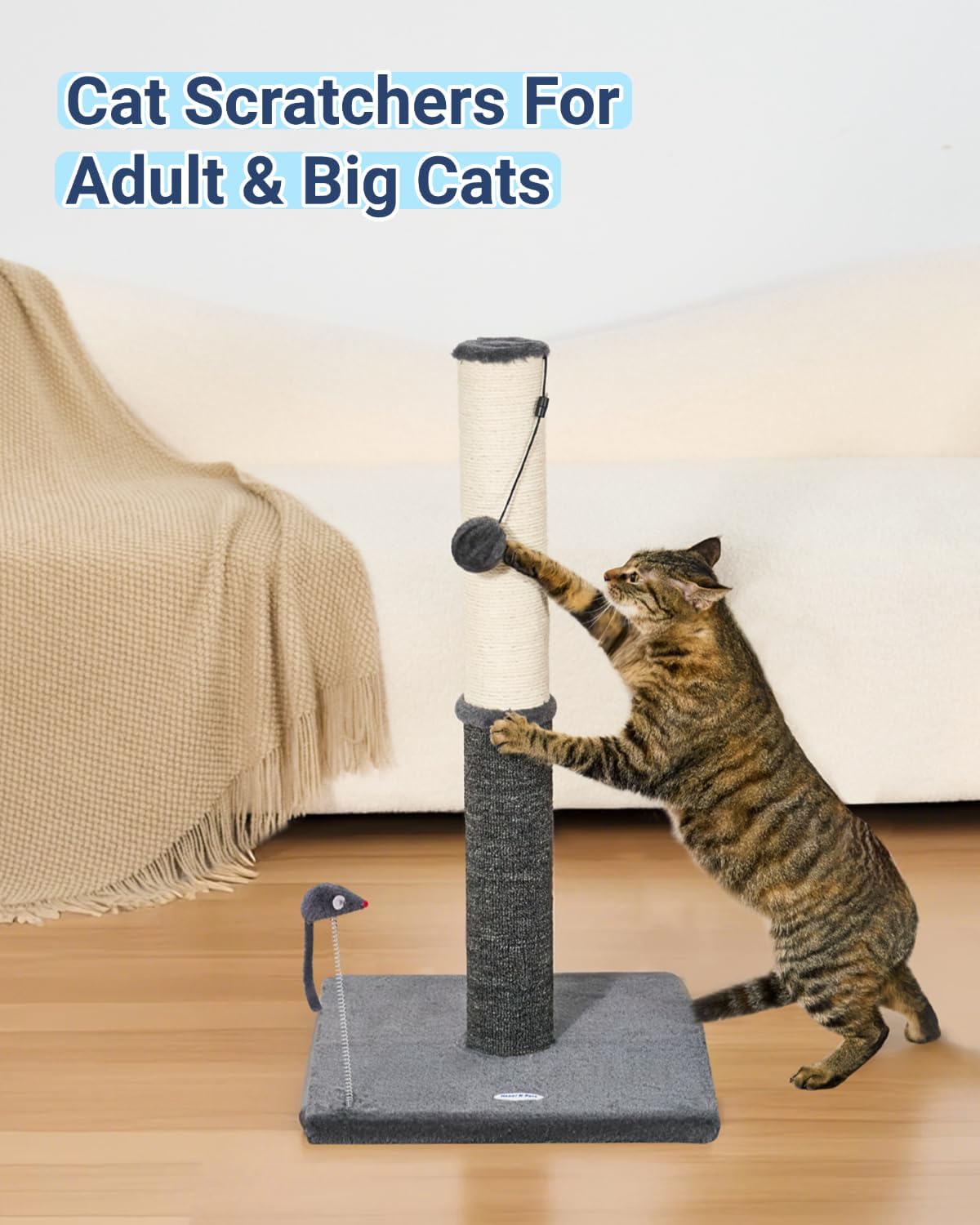 Happi N Pets 29.5" Tall Cat Scratching Post, Cat Scratcher for Indoor Cats, Sisal Scratch Post & Carpet Post in One, Stable Cat Scratch Post with Two Toys, Extra Free Toy, Smokey Gray - Happypetzone.online - Image 7