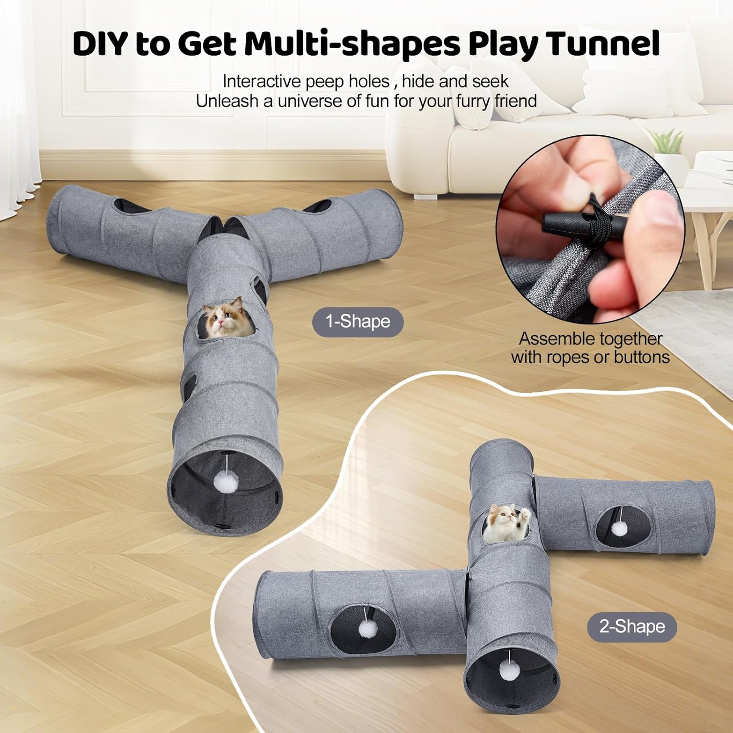 Cat Tunnel, 3 Straight Shaped Tunnels 6 DIY Shapes with Wand Toys, No Noise Scratch Resistant Cool Linen Fabric, Interactive Pet Tunnel Tube for Indoor Cats, Puppy and Rabbits - Happypetzone.online - Image 2