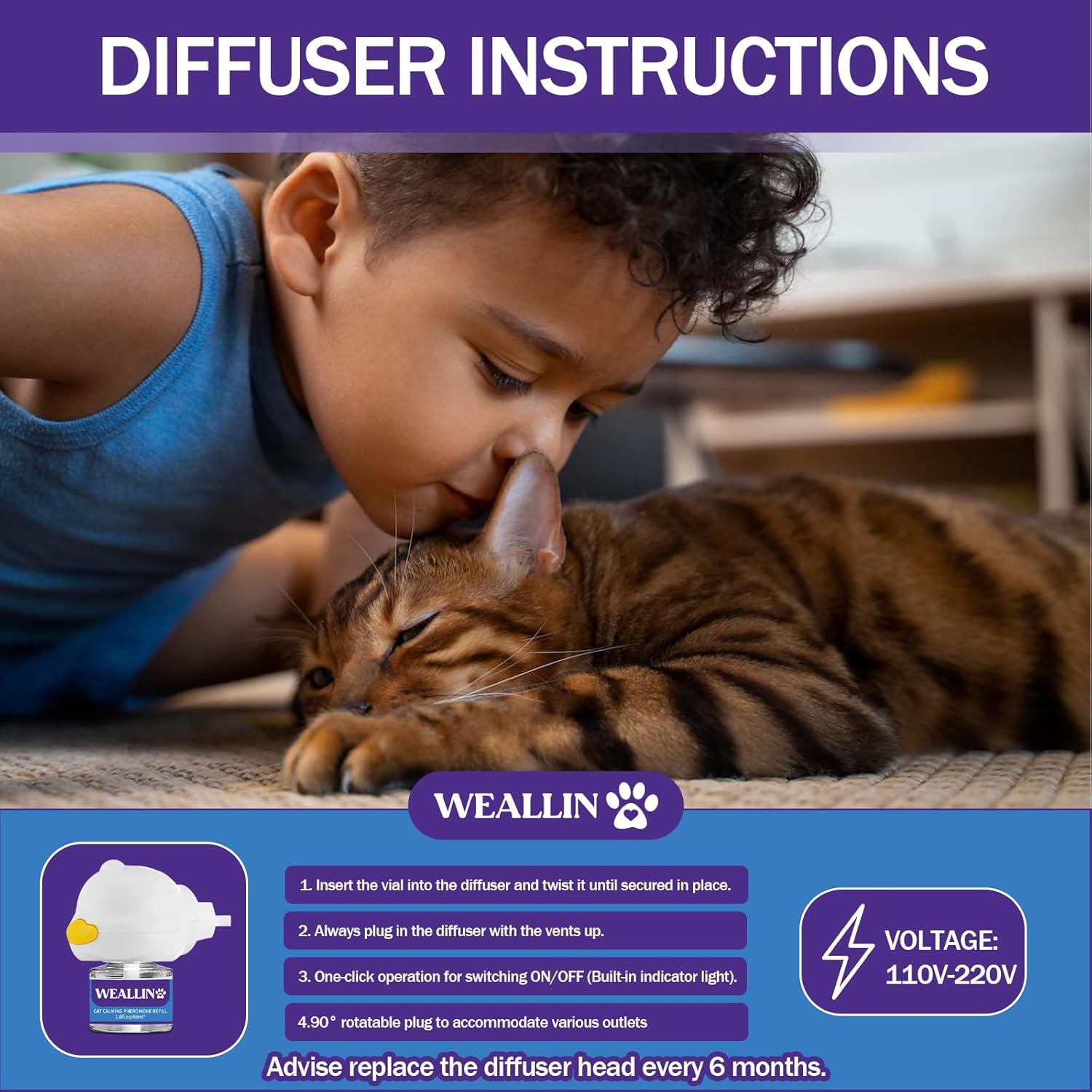 WEALLIN 6 Pack Cat Calming Diffuser Refills - Cat Pheromones Calming Diffuser Refill Relieve Anxiety & Stress 6 Month Supply, Cat Pheromone Diffuser Refills (Fits All Common Diffuser Heads) - Happypetzone.online - Image 6