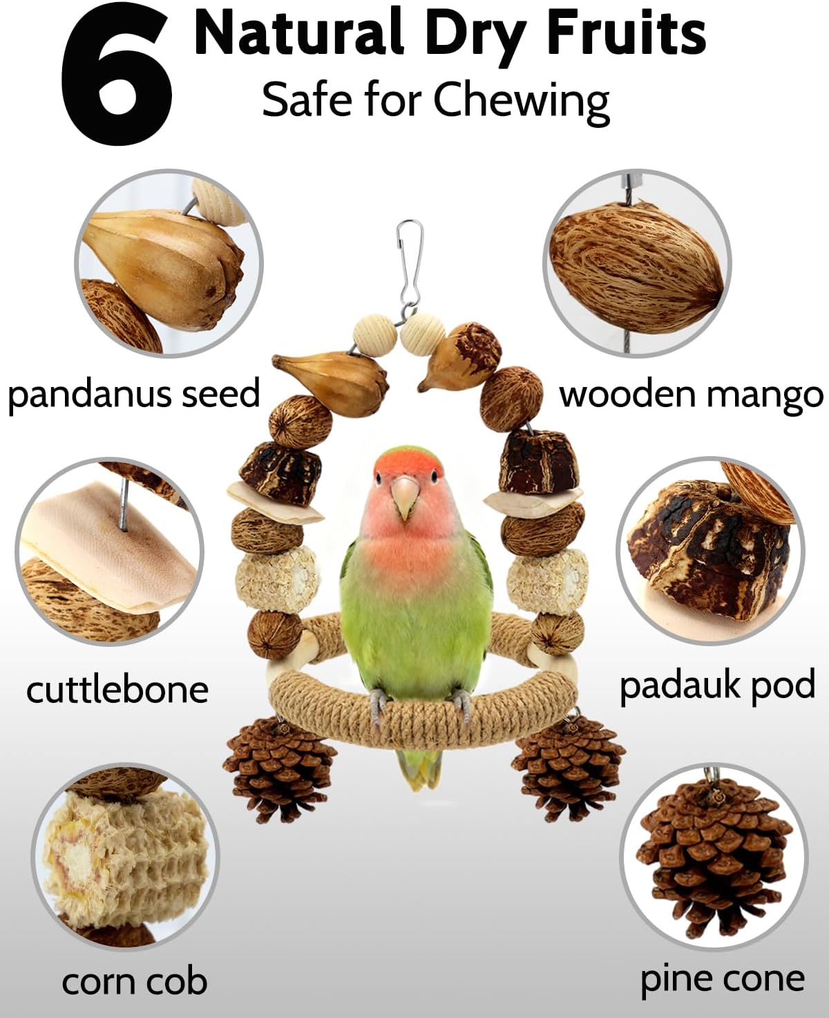 2Pcs Natural Bird Chew Toys, Wood Parakeet Swing Toys with Sisal Wrap for Claw Grinding, Hanging Safe Chew Toys for Parrot Beak Care, Multi-Play Design Cockatiel Toys for Budgie Conure Keeps Busy - Happypetzone.online - Image 3