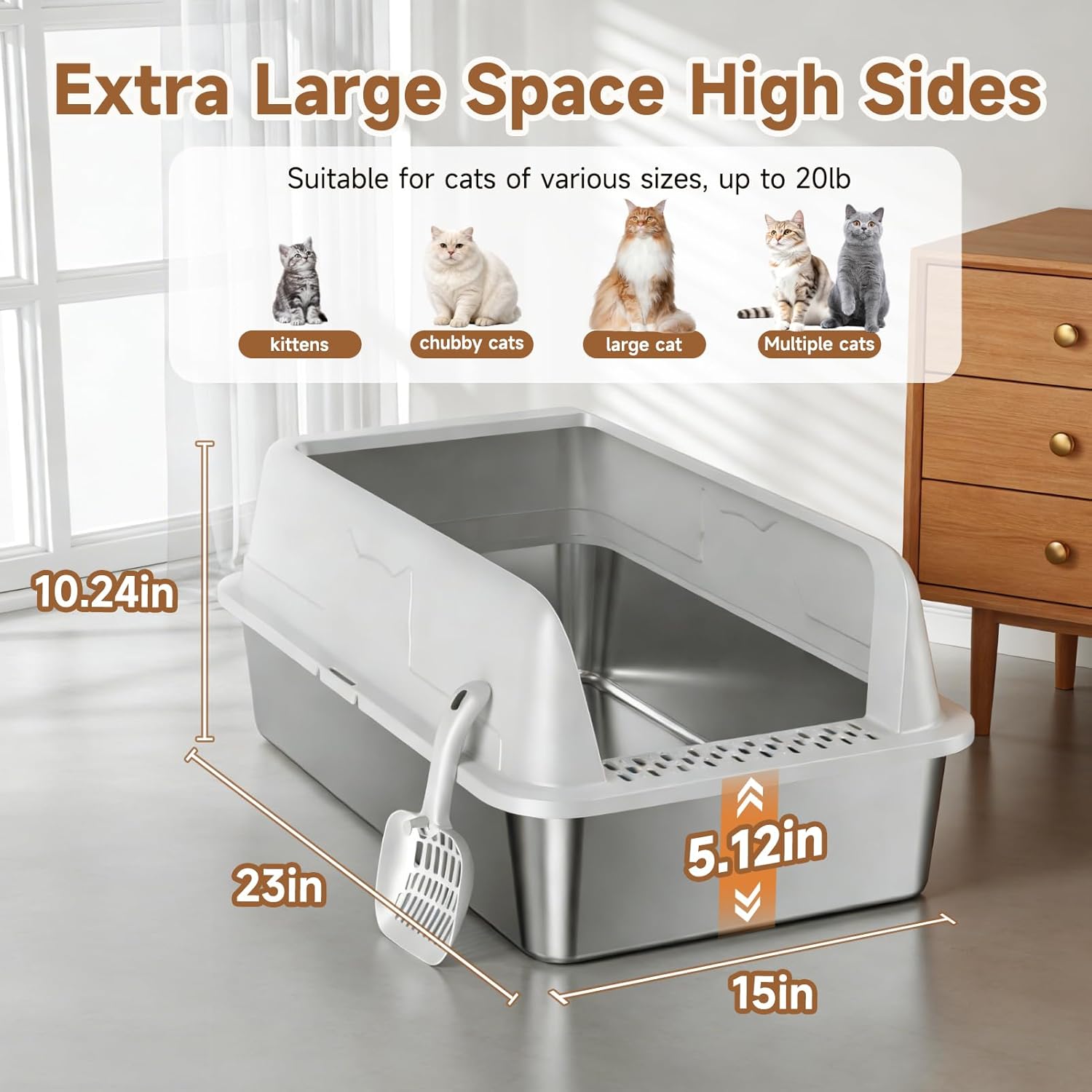 Stainless Steel Cat Litter Box XL for Big Cats, High-Sided Design Prevents Urine Leakage, Non-Stick, Easy to Clean, Includes Scoop, Gray - Happypetzone.online - Image 7
