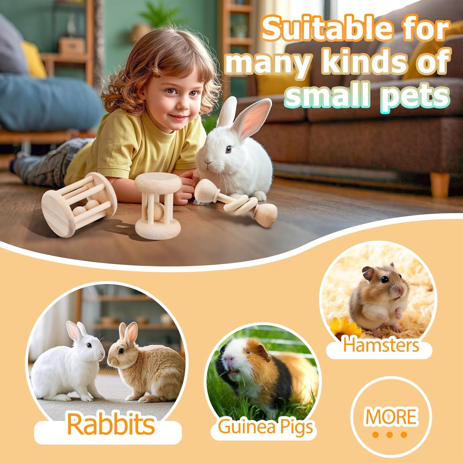 AOWPFVV 3 Pcs Natural Wooden Bunny Toys, Safe Rabbit Toys for Guinea Pig Chinchillas Hamsters Small Animals Playing Teeth Grinding Indoor Outdoor - Happypetzone.online - Image 6