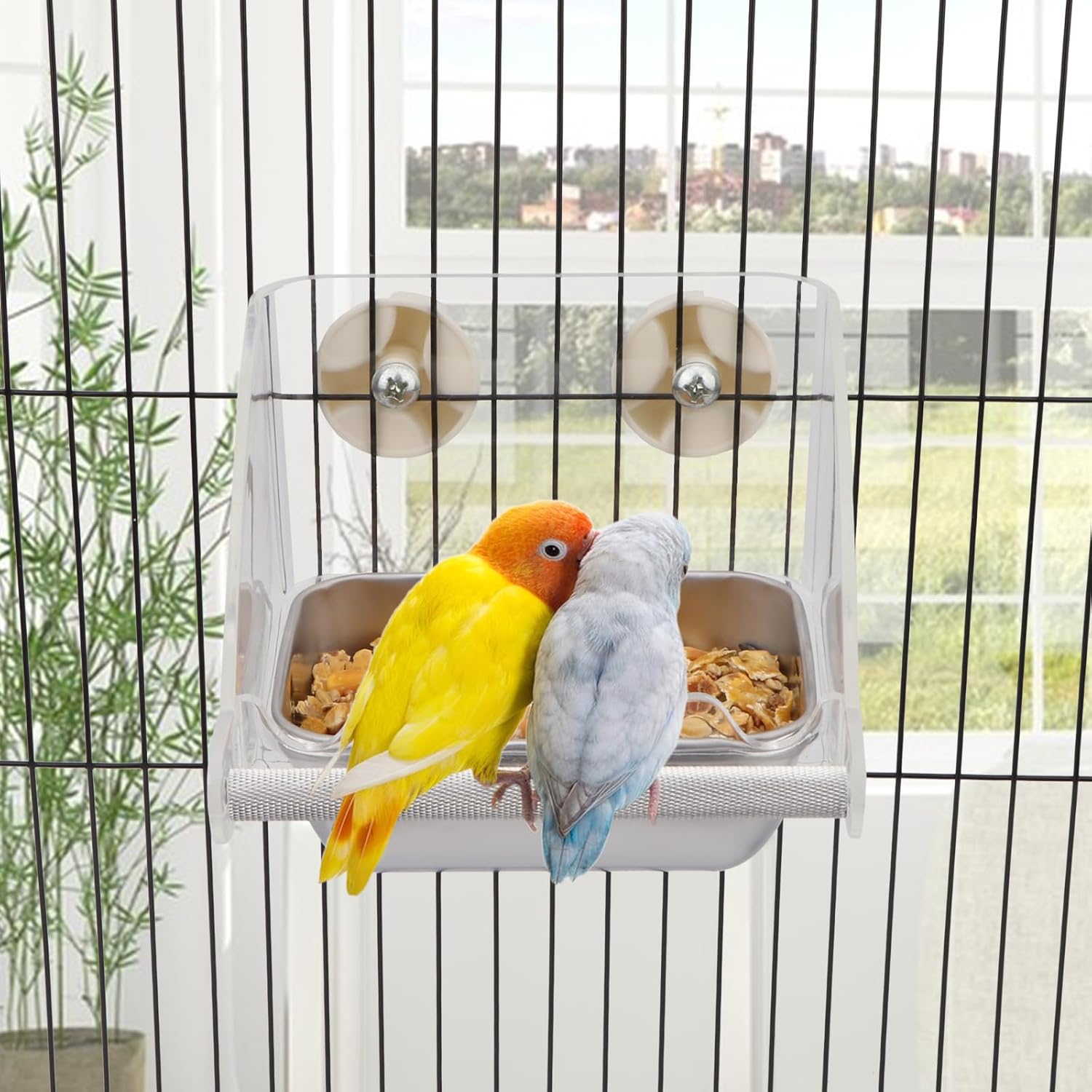 Hypeety Transparent Bird Feeder No Mess Parakeet Feeder for Cage Clear Bird Cage Feeders with Anti-Slip Perch Stainless Steel Food Bowl for Parakeets Parrots Budgies Lovebirds Cockatiels Conures - Happypetzone.online - Image 6