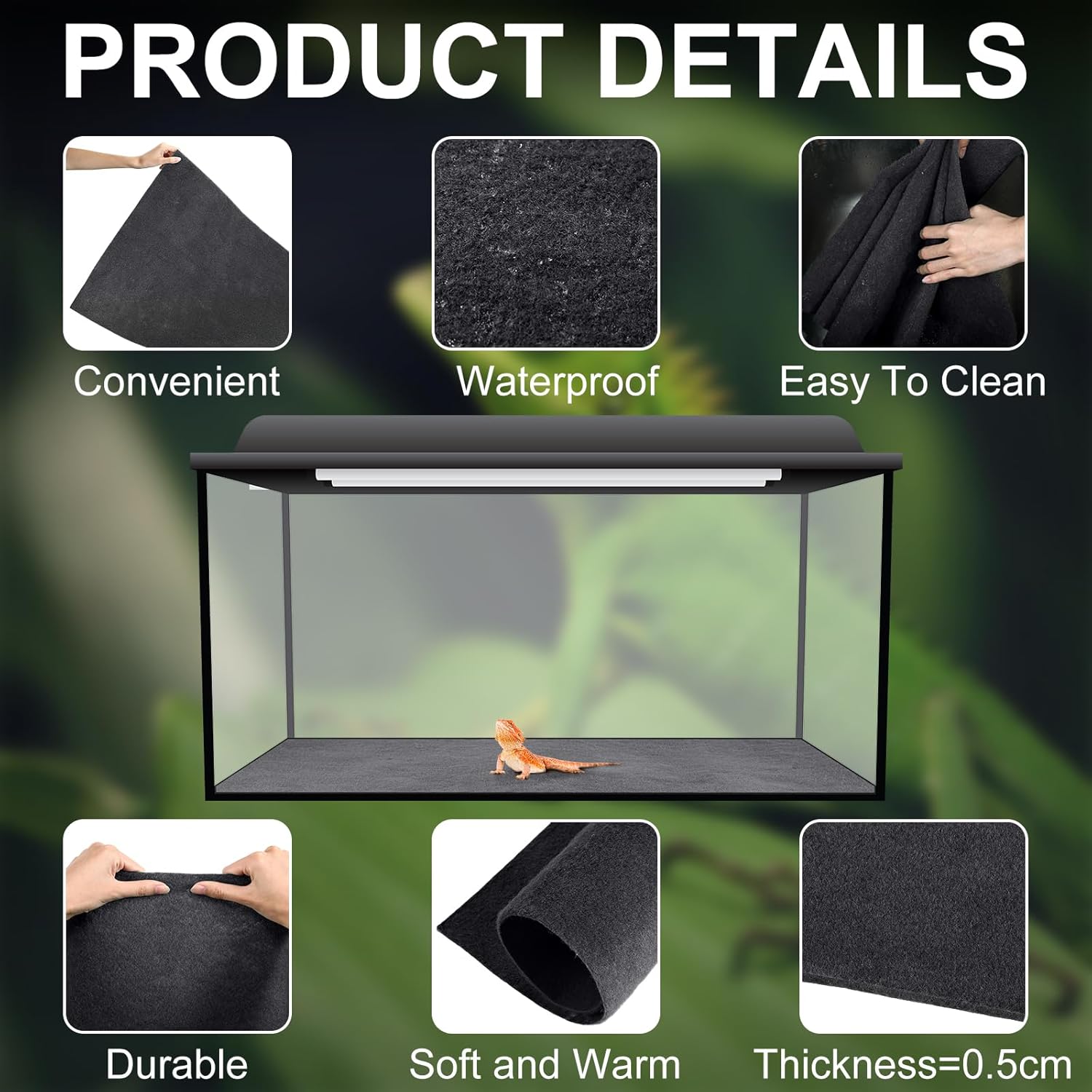 Haull 4 Pcs Reptile Carpet Pet Terrarium Floor Liners Bedding Substrate Liner Supplies Reptile Cage Mat Tank Accessories for Lizard Bearded Dragon Tortoise Snake Leopard (Black,47 x 24 Inch) - Happypetzone.online - Image 5
