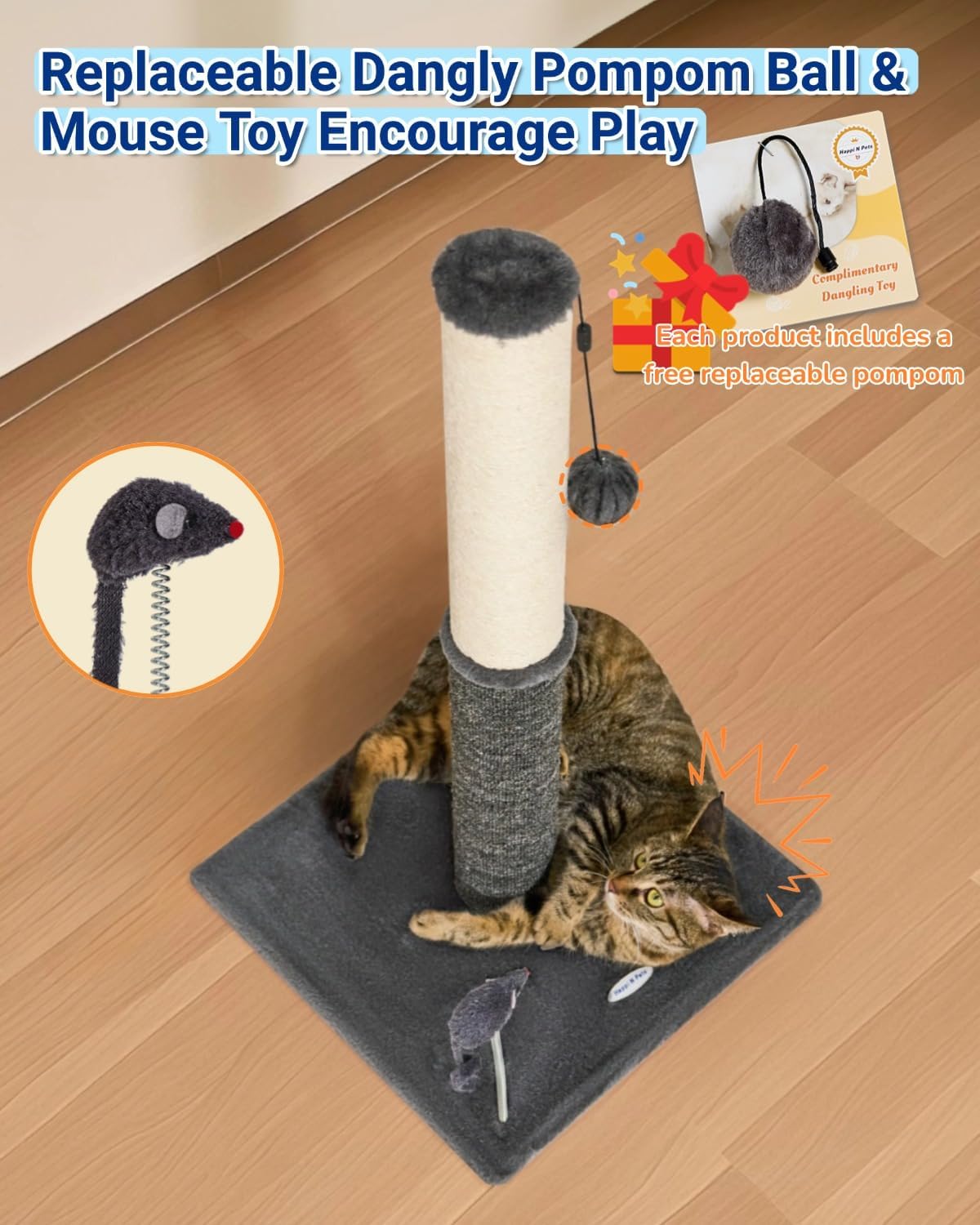 Happi N Pets 29.5" Tall Cat Scratching Post, Cat Scratcher for Indoor Cats, Sisal Scratch Post & Carpet Post in One, Stable Cat Scratch Post with Two Toys, Extra Free Toy, Smokey Gray - Happypetzone.online - Image 5
