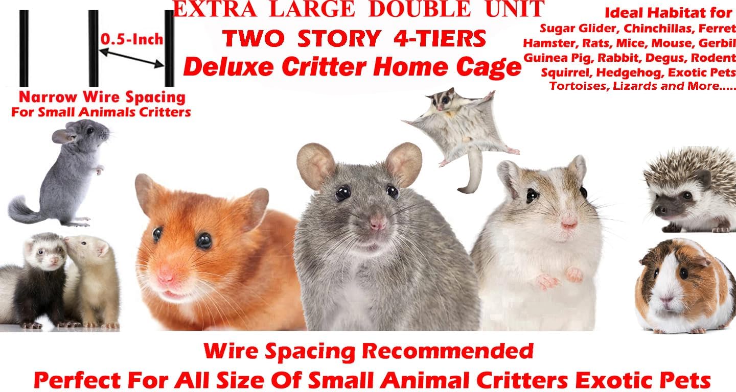 X-Large 31"x18.5"x53.5"H Deluxe Double Unit 4-Tiers Tight 1/2-Inch Bar Spacing Large Front Doors Water Bottle Food Bowl Feisty Ferret Hammock Squirrel Chinchilla Rat Small Animal Critter Rolling Cage - Happypetzone.online - Image 2