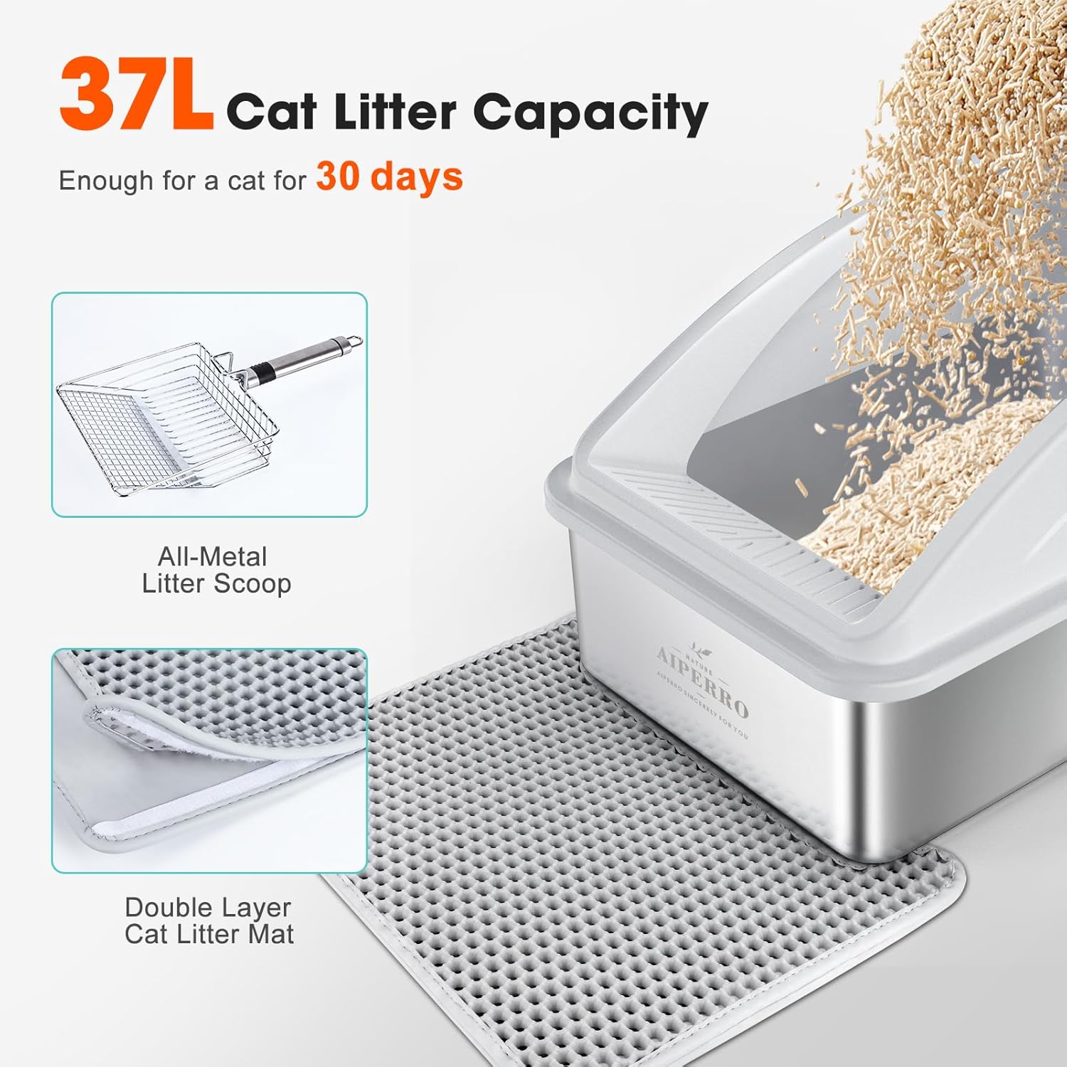 Stainless Steel Litter Box | XL Enclosed Cat Litter Boxes with Lid for Big Cats | High Sided, Anti-Urine Leakage | Non-Stick Bottom & Includes Litter Mat & Metal Scoop - Happypetzone.online - Image 6