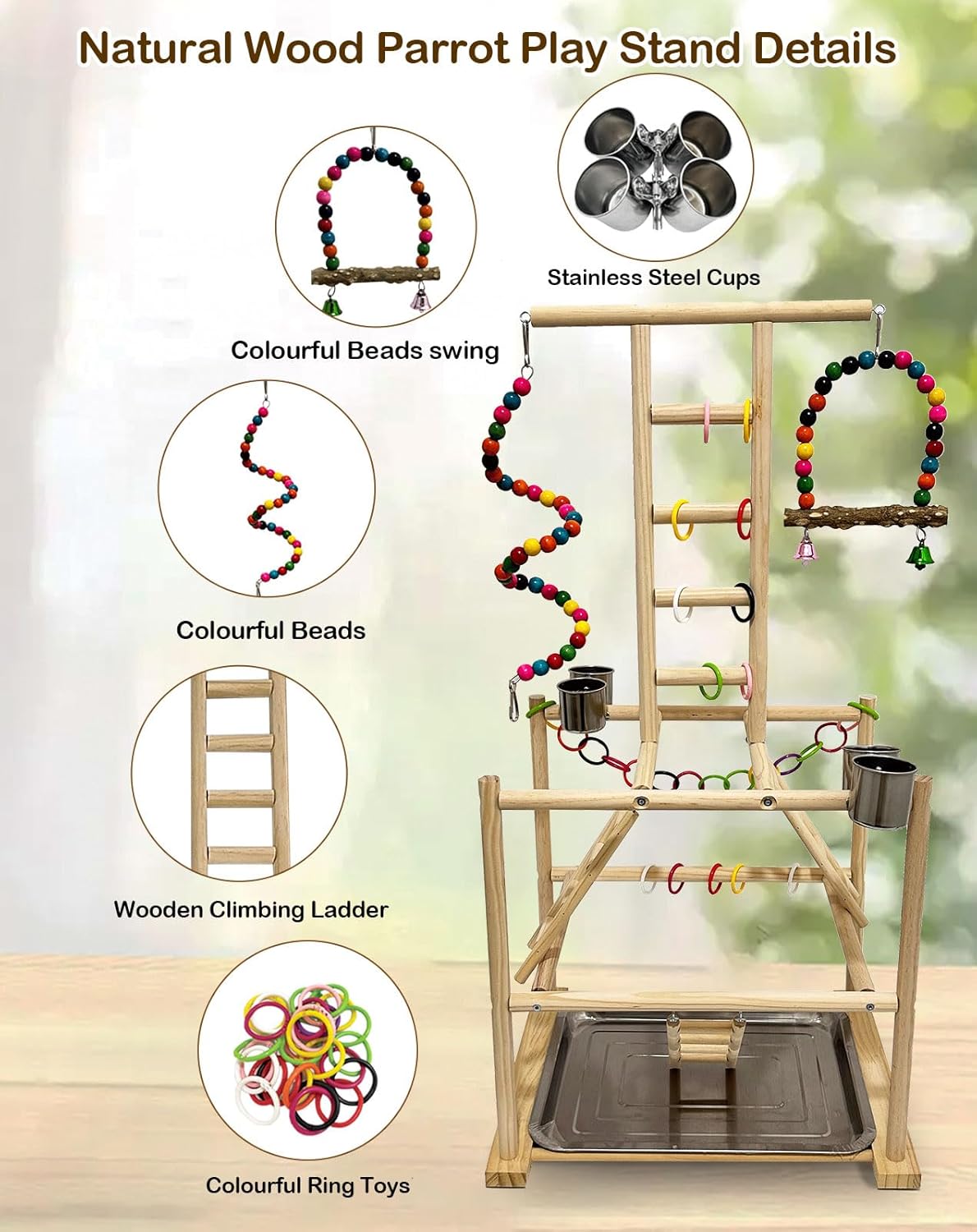 Bird Play Stand, Large Parakeet Playground, Natural Wood Parrot Perch Stand, Birds Play Gym Cockatoos Cage Accessories with Feeder Cups Swings for Cockatiel Budgie Conure - Happypetzone.online - Image 4