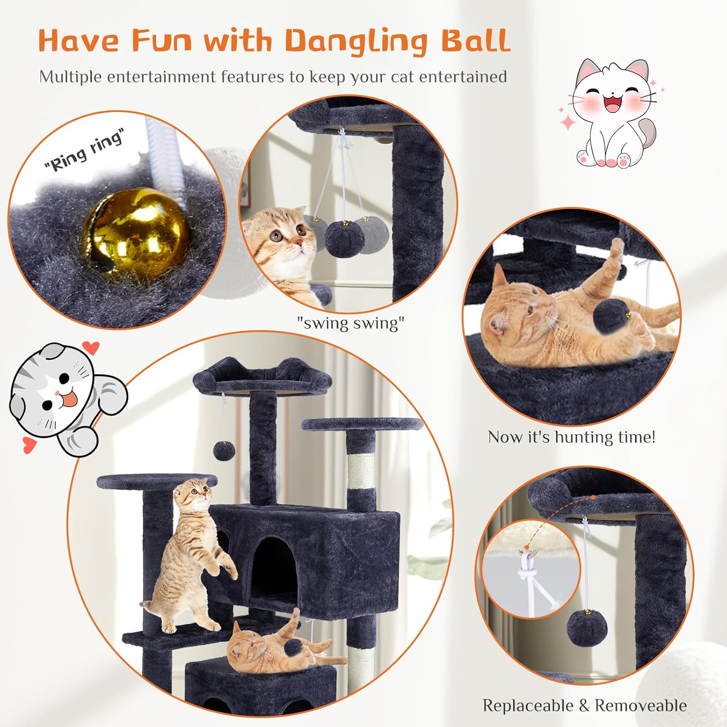 Sweetcrispy 54 Inch Cat Tree Tower, Multi-Level Tower with Cat Scratching Post, Indoor Cat Condo with Climbing Ladder, Plush Toy, Play House for Cat, Dark Grey - Happypetzone.online - Image 2