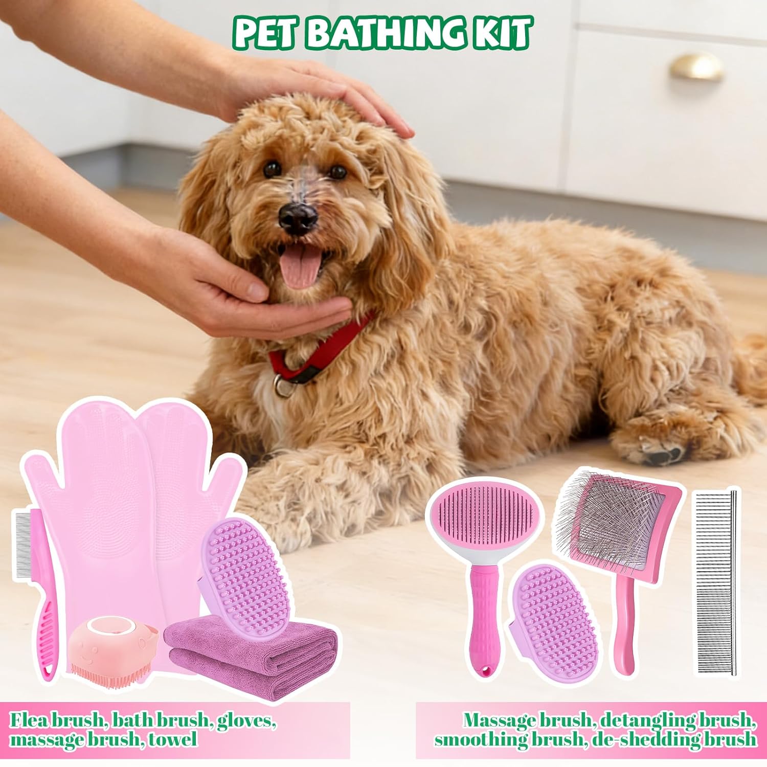 8PCS Dog Slicker Brush for Dogs Grooming Kit,Bath Grooming Kit for Pets,Hair Brush Set with Towel,Washing Gloves,Slicker Comb,and Shampoo Scrubber Brush for Small and Large Dogs and Cats Cats(Pink) - Happypetzone.online - Image 3