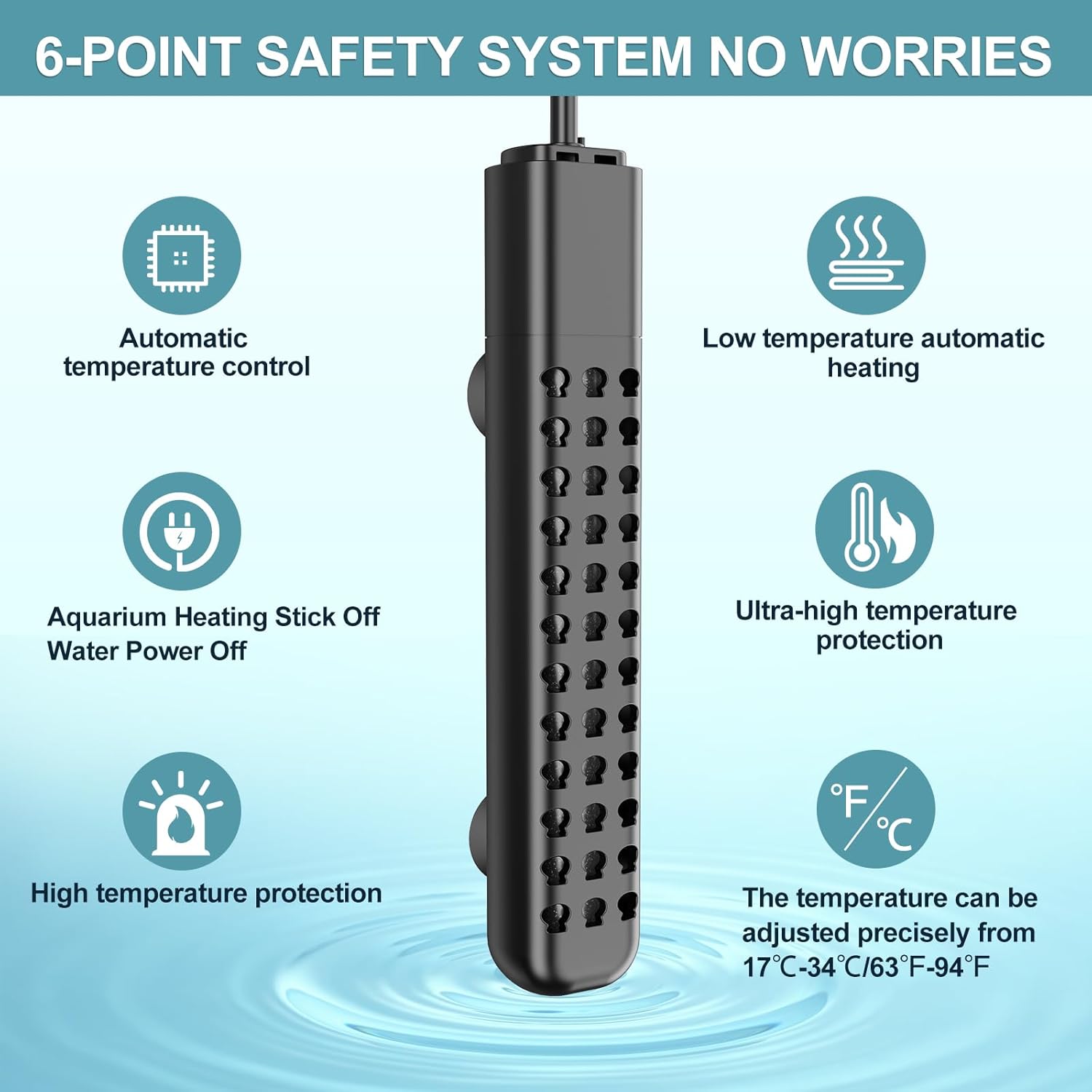 100W Aquarium Heater for 10-20 Gallon with Auto Shut-Off When Leaving Water—Submersible Fish Tank Heater, Dry-Burn & Overheat Protection, Explosion-Proof, Freshwater Saltwater Turtle Tank - Happypetzone.online - Image 2