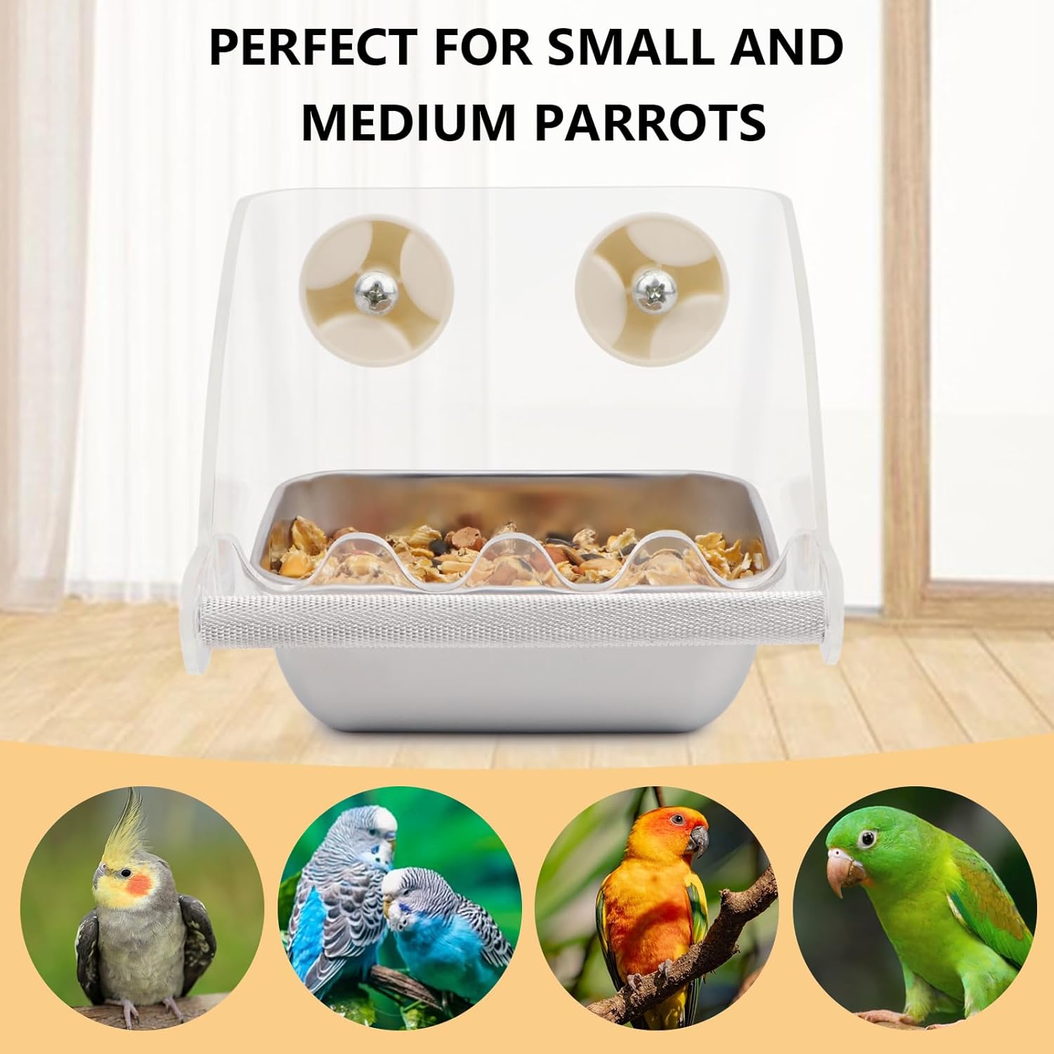 Hypeety Transparent Bird Feeder No Mess Parakeet Feeder for Cage Clear Bird Cage Feeders with Anti-Slip Perch Stainless Steel Food Bowl for Parakeets Parrots Budgies Lovebirds Cockatiels Conures - Happypetzone.online - Image 4