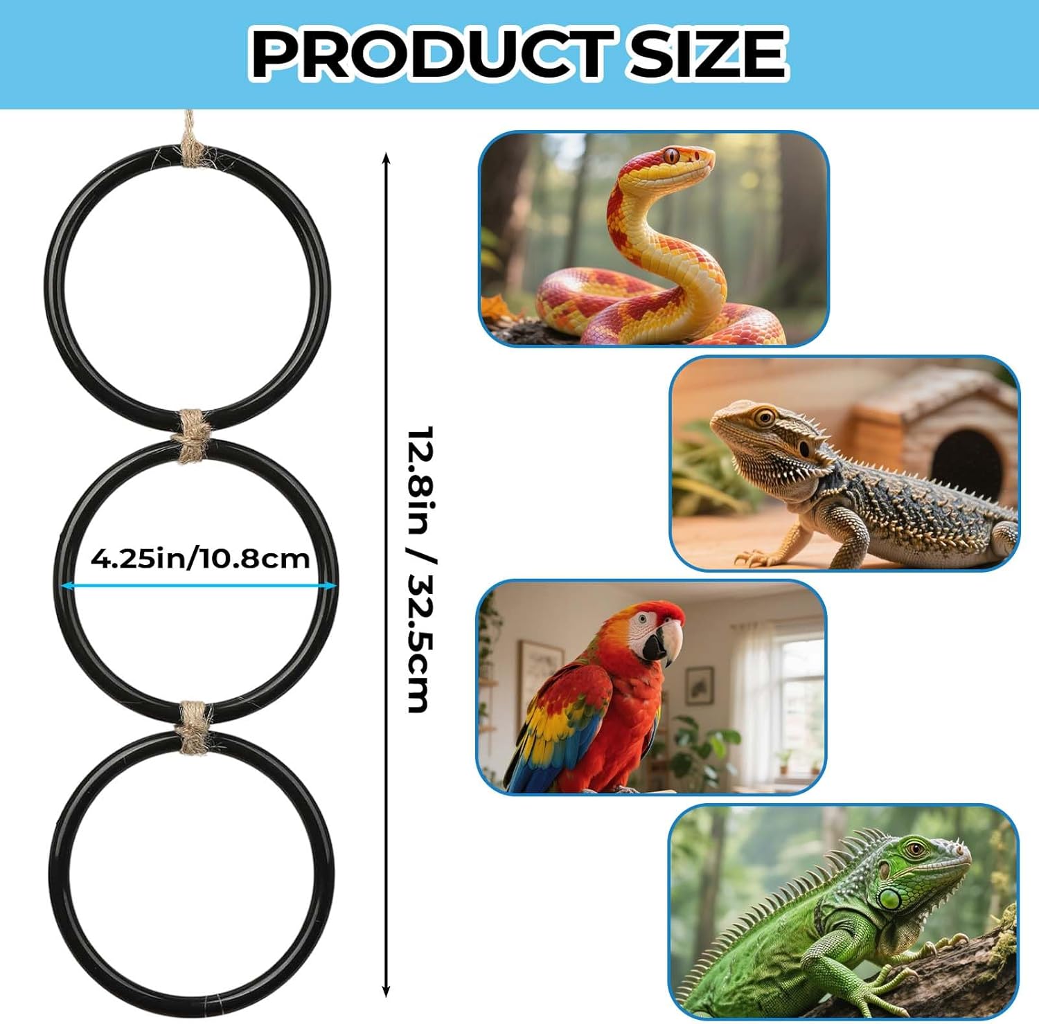 2 Pack Snake Climbing Rings for Ball Python & Corn Snake,Reptile Enrichment Toys for Snake,Ball Python Tank Decor, Reptile Tank Accessories for Bearded Dragon,Chameleon, Iguana, Gecko, Lizard (Black) - Happypetzone.online - Image 2