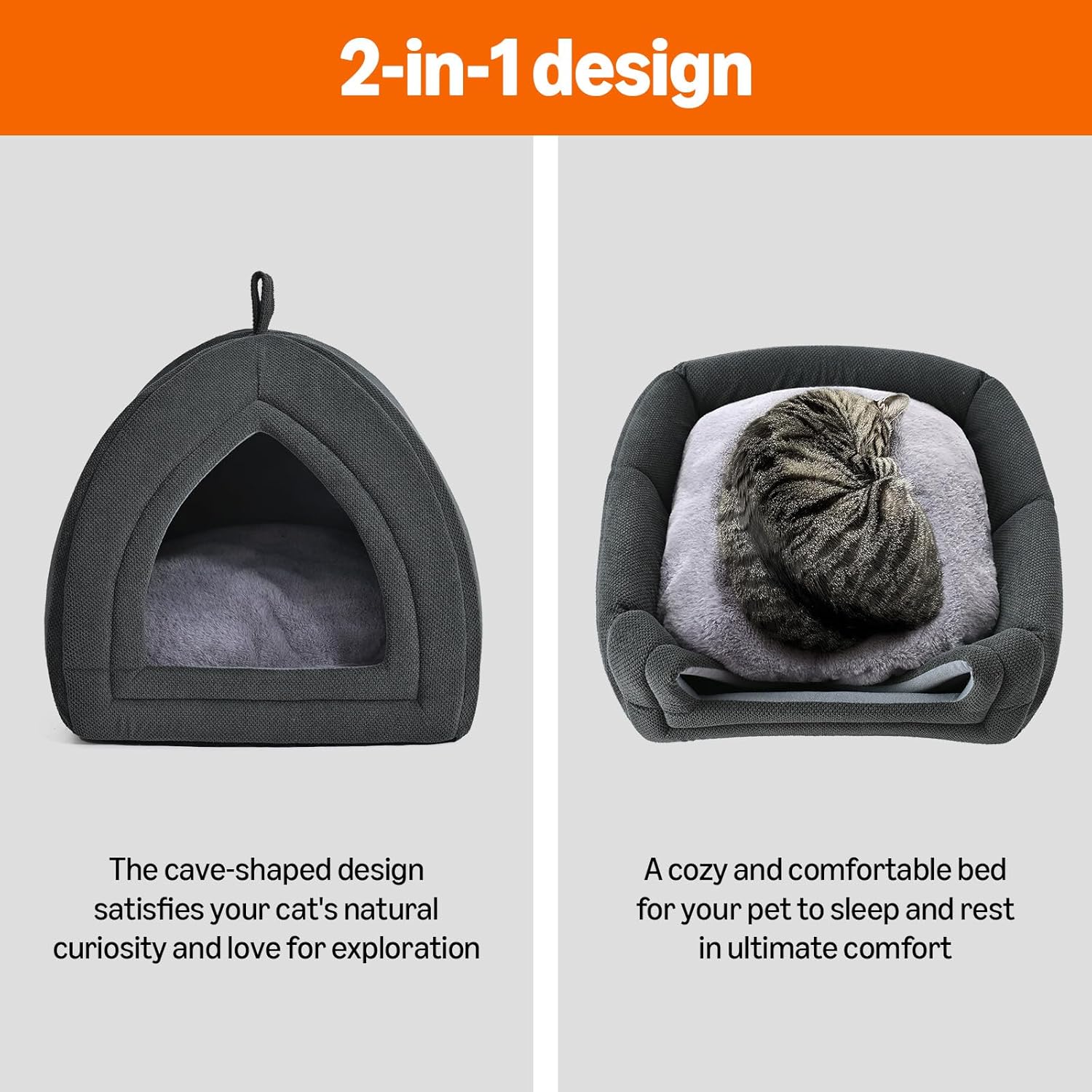 Amazon Basics Cat Cave Bed, 2-in-1 Foldable House for Indoor Cats, with Washable Cushion and Non-Slip Base, 17.5 x 17.5 Inches, Large - Happypetzone.online - Image 3