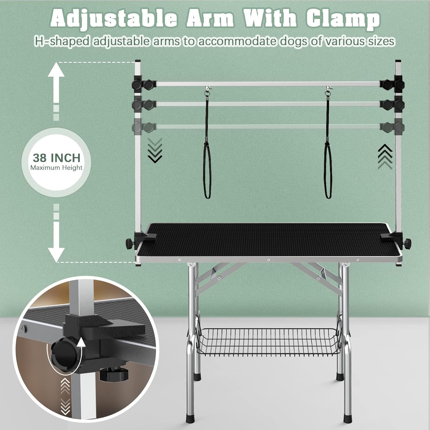 Dog Grooming Table, Adjustable Large Pet Drying Desktop, Foldable Bathing Desk with Arms, Noose, Mesh Tray, Maximum Capacity Up to 330Lb, 42in, Black - Happypetzone.online - Image 4