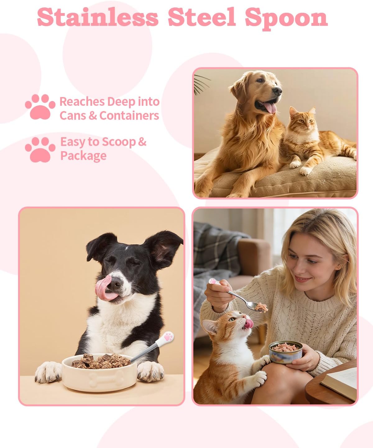 6 PCS Cat Food Can Covers Set, Reusable Silicone Can Lids with Opener, Stainless Steel Wet Food Spoon & Cat Treat Squeezer for Pet Feeding and Storage, Fits Cats & Dogs (Pink) - Happypetzone.online - Image 5