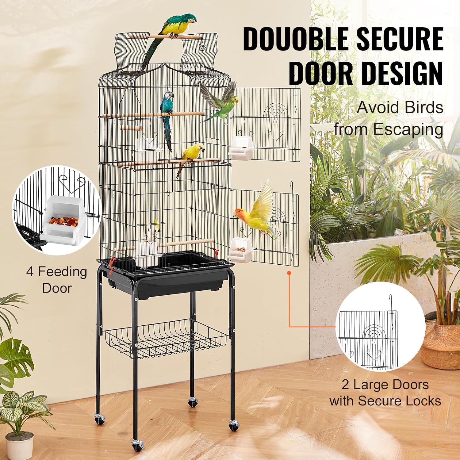 VEVOR 64-inch Open Top Large Parrot Bird Cage with Detachable Rolling Stand for Parakeets Finches Canaries Lovebirds Cockatiels Budgies Small Quaker Conures Flight Birdcage with Swing and Perch - Happypetzone.online - Image 4