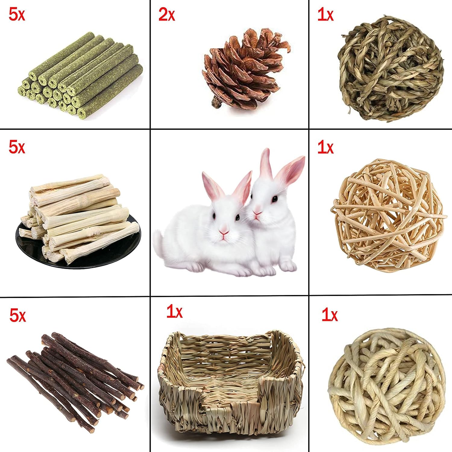 Hamiledyi Rabbit Grass Bed for Bunny, 21 Pcs Rabbit Chew Toys for Teeth Grinding Sweet Bamboo Timothy Stick Woven Grass Ball Pine Cone Natural Straw Bedding for Guinea Pig Hamster Chinchilla - Happypetzone.online - Image 2